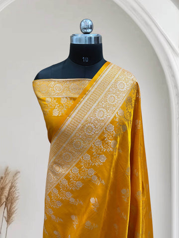 Haldi with Golden Zari Work and Rose Buti Design Satin Silk Banarasi Saree - Zohra Silk