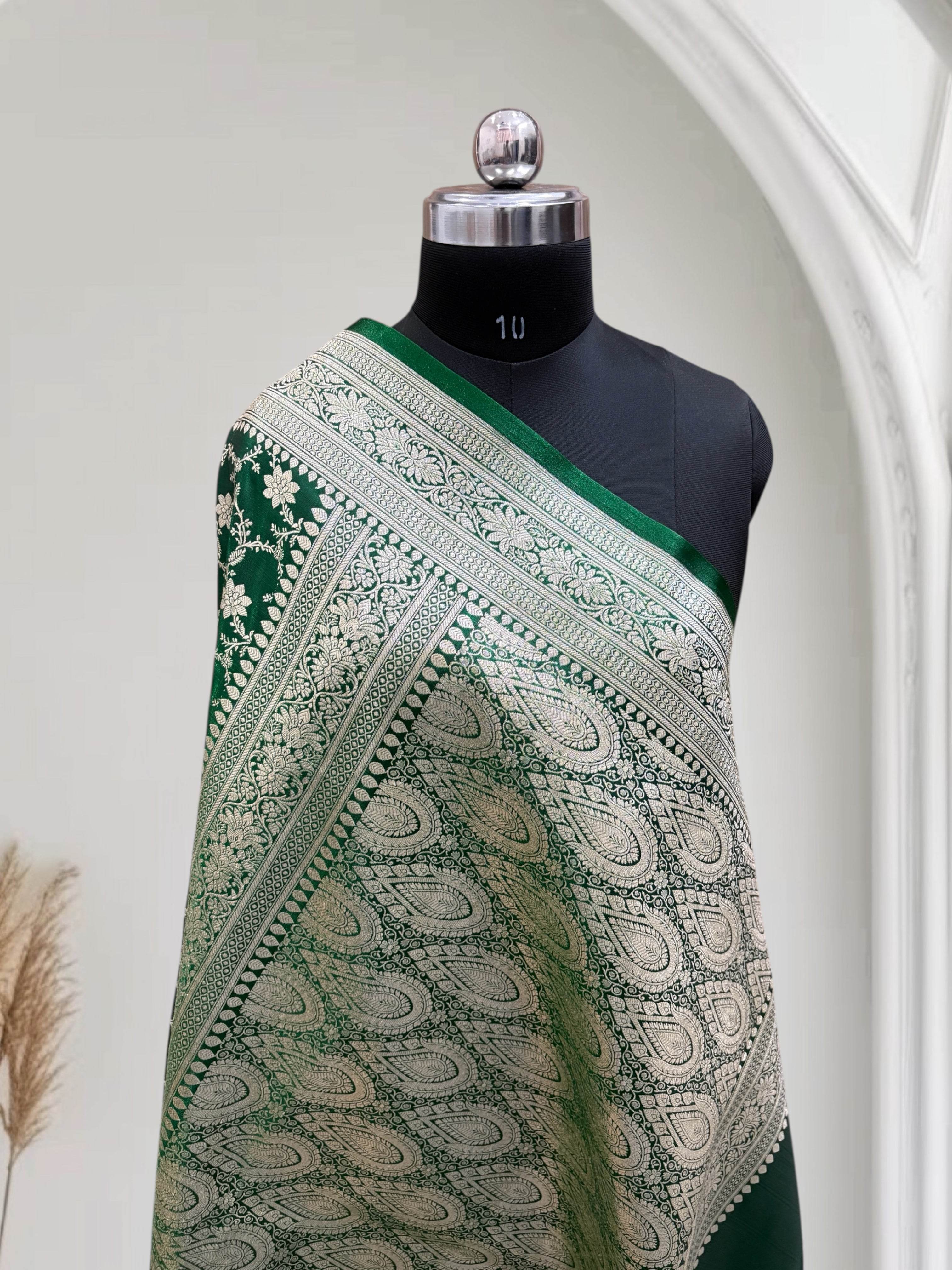 Satin Silk Banarasi Saree in Dark Green - Zohra Silk