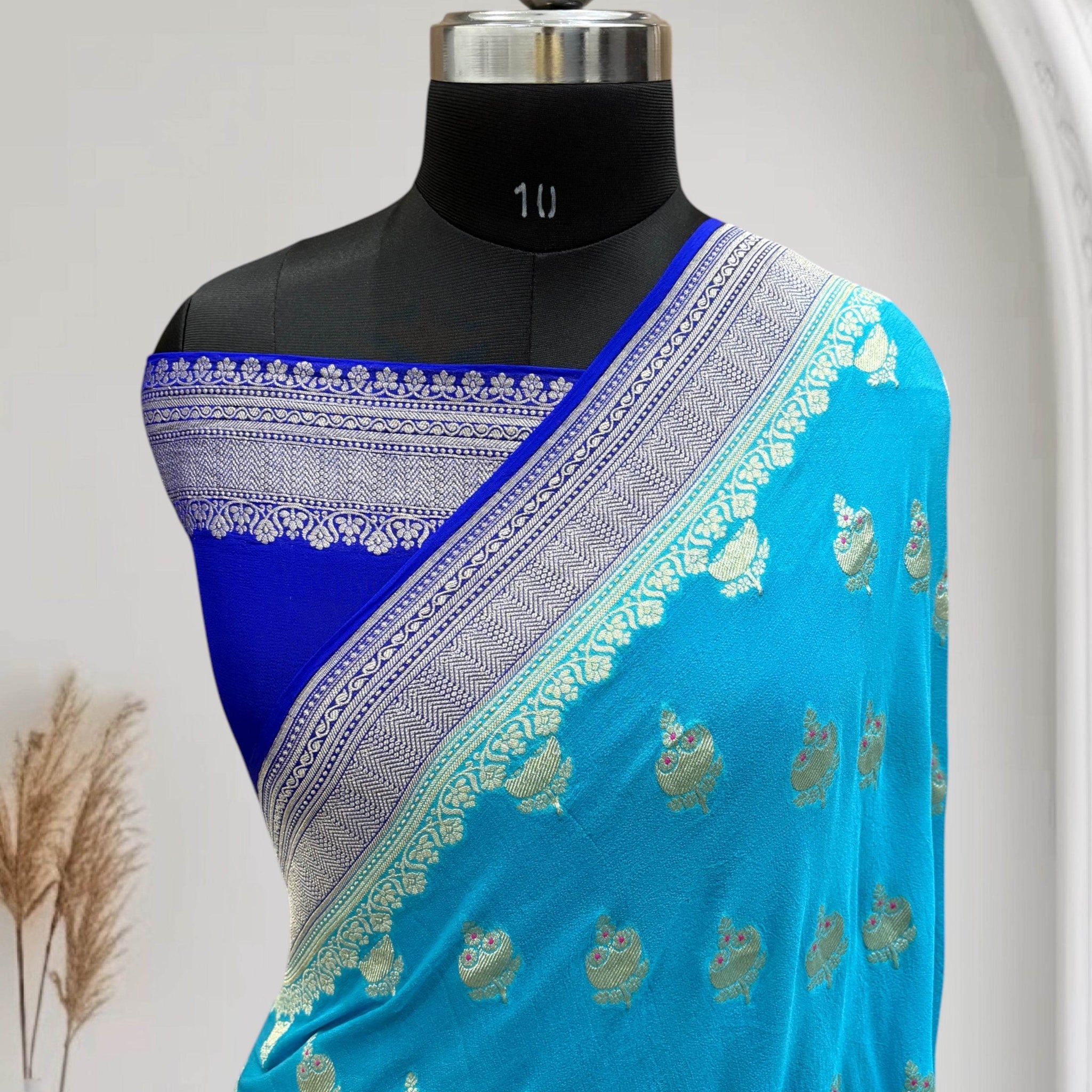 Royal Blue & Blue-Green Chiffon Pure Georgette Banarasi Saree - Zohra Silk