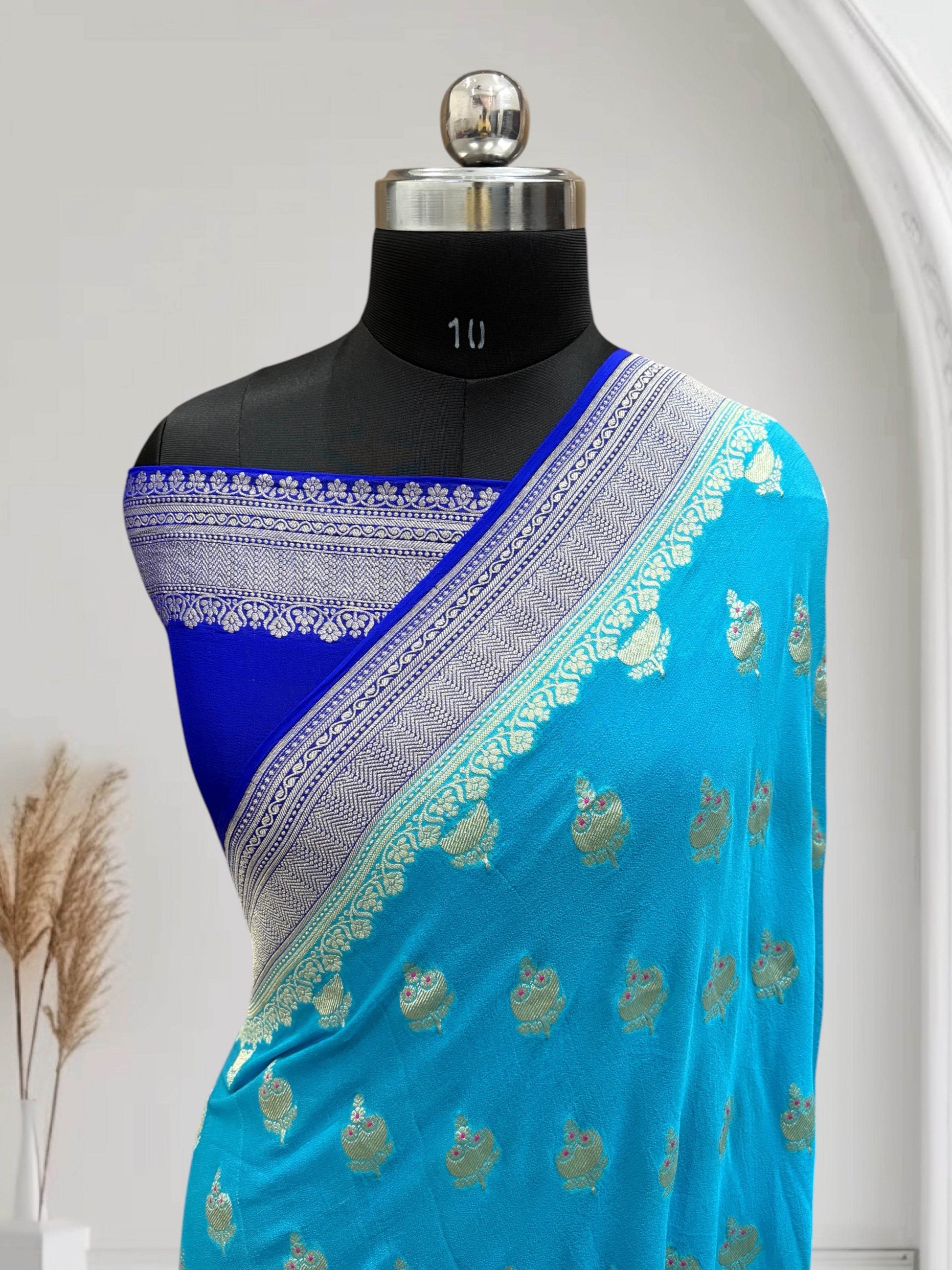 Royal Blue & Blue-Green Chiffon Pure Georgette Banarasi Saree - Zohra Silk