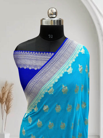Royal Blue & Blue-Green Chiffon Pure Georgette Banarasi Saree - Zohra Silk