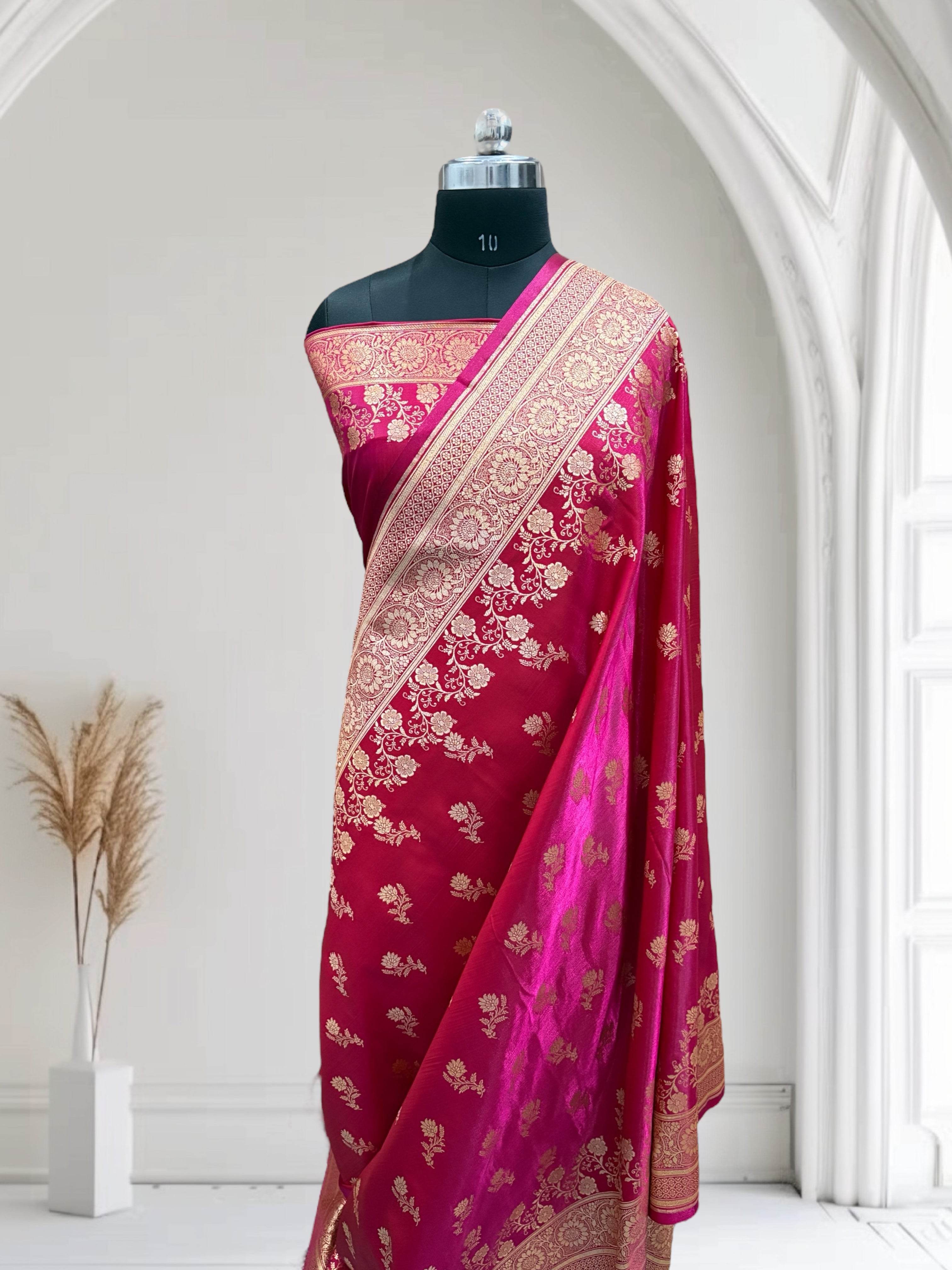 Rani with Red Shaded Zari Work and Rose Buti Design Satin Silk Banarasi Saree - Zohra Silk