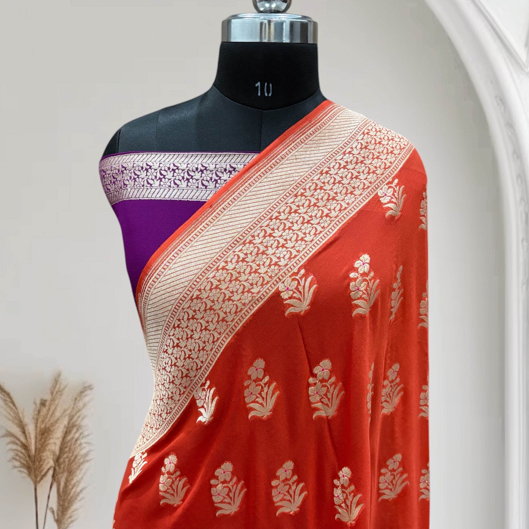 Orange & Violet Chiffon Pure Georgette Banarasi Saree - Zohra Silk