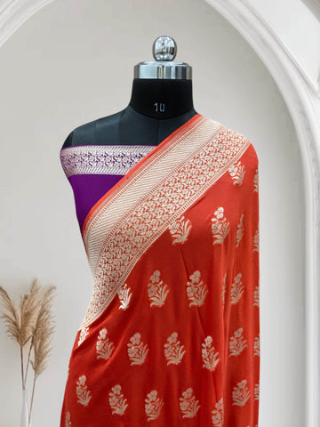 Orange & Violet Chiffon Pure Georgette Banarasi Saree - Zohra Silk