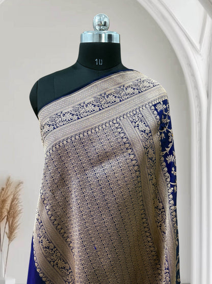 Blue Unique Jaal Pure Kataan Silk Banarasi Saree - Zohra Silk