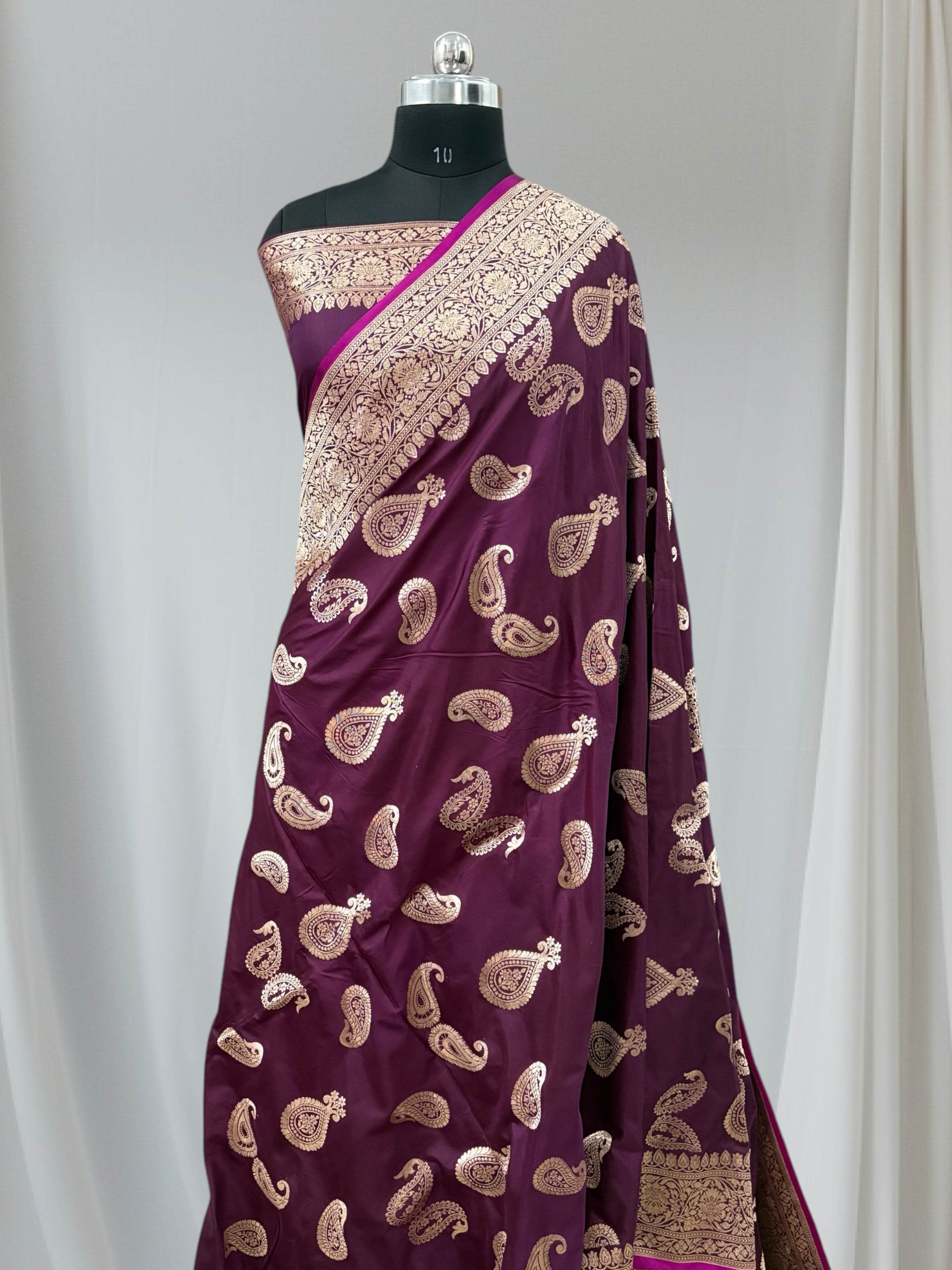 Garnet Kairi Buti Pure Kataan Silk Banarasi Saree - Zohra Silk