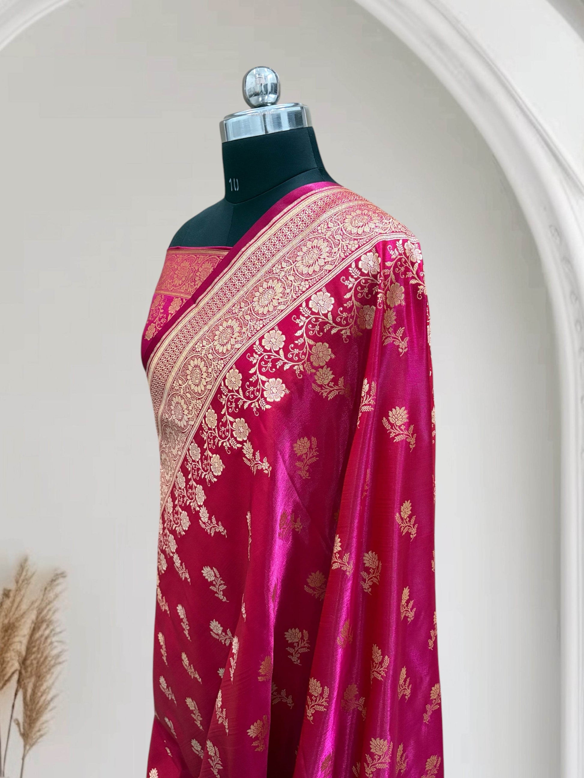 Rani with Red Shaded Zari Work and Rose Buti Design Satin Silk Banarasi Saree - Zohra Silk