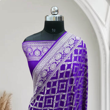Blue-Magenta Violet Light Golden Zari Work Chiffon Pure Silk Banarasi Saree - Zohra Silk