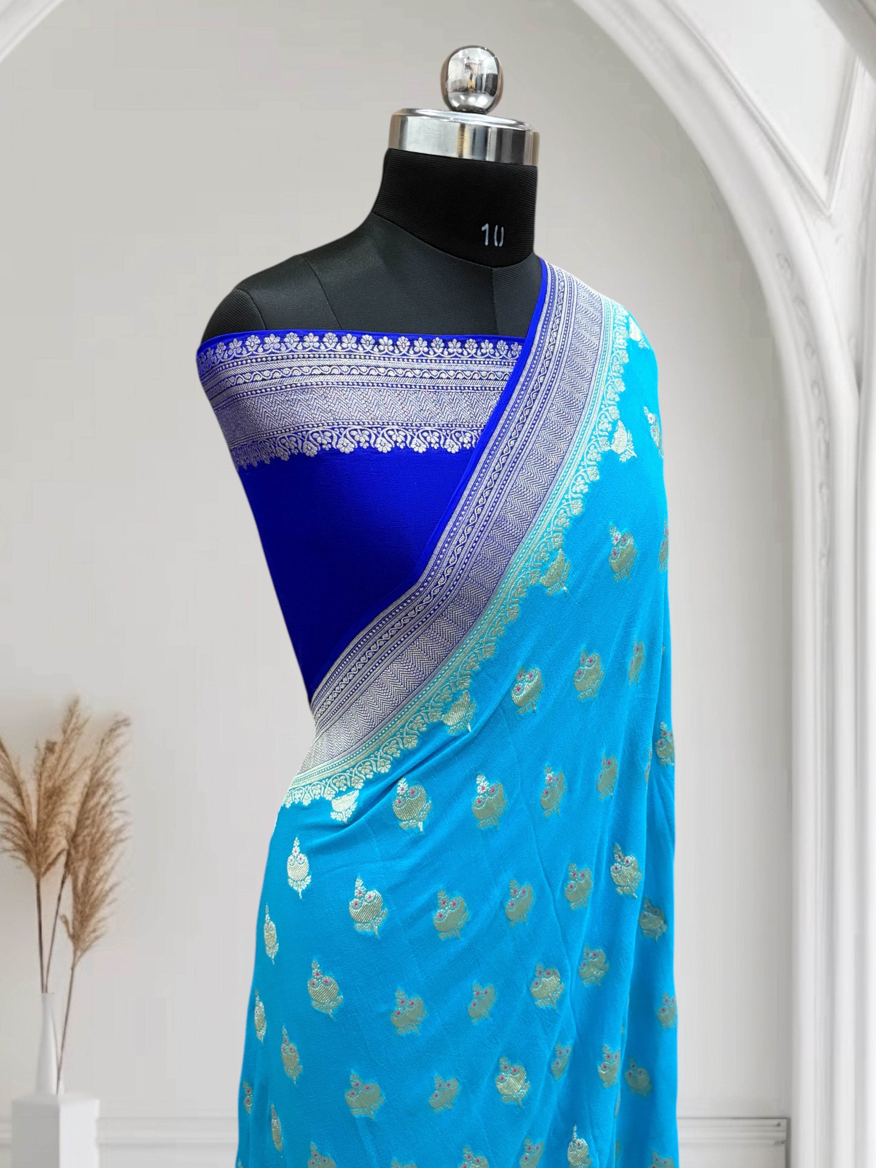 Royal Blue & Blue-Green Chiffon Pure Georgette Banarasi Saree - Zohra Silk