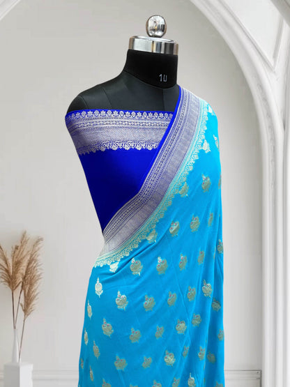 Royal Blue & Blue-Green Chiffon Pure Georgette Banarasi Saree - Zohra Silk