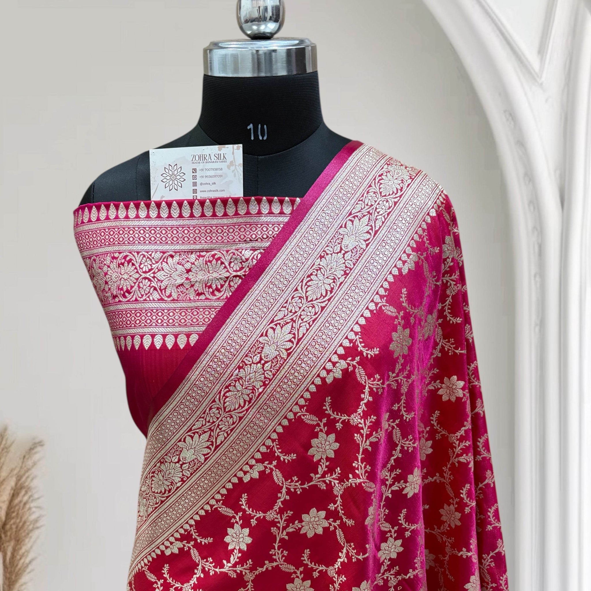 Satin Silk Banarasi Saree in Rani with Red Shaded - Zohra Silk