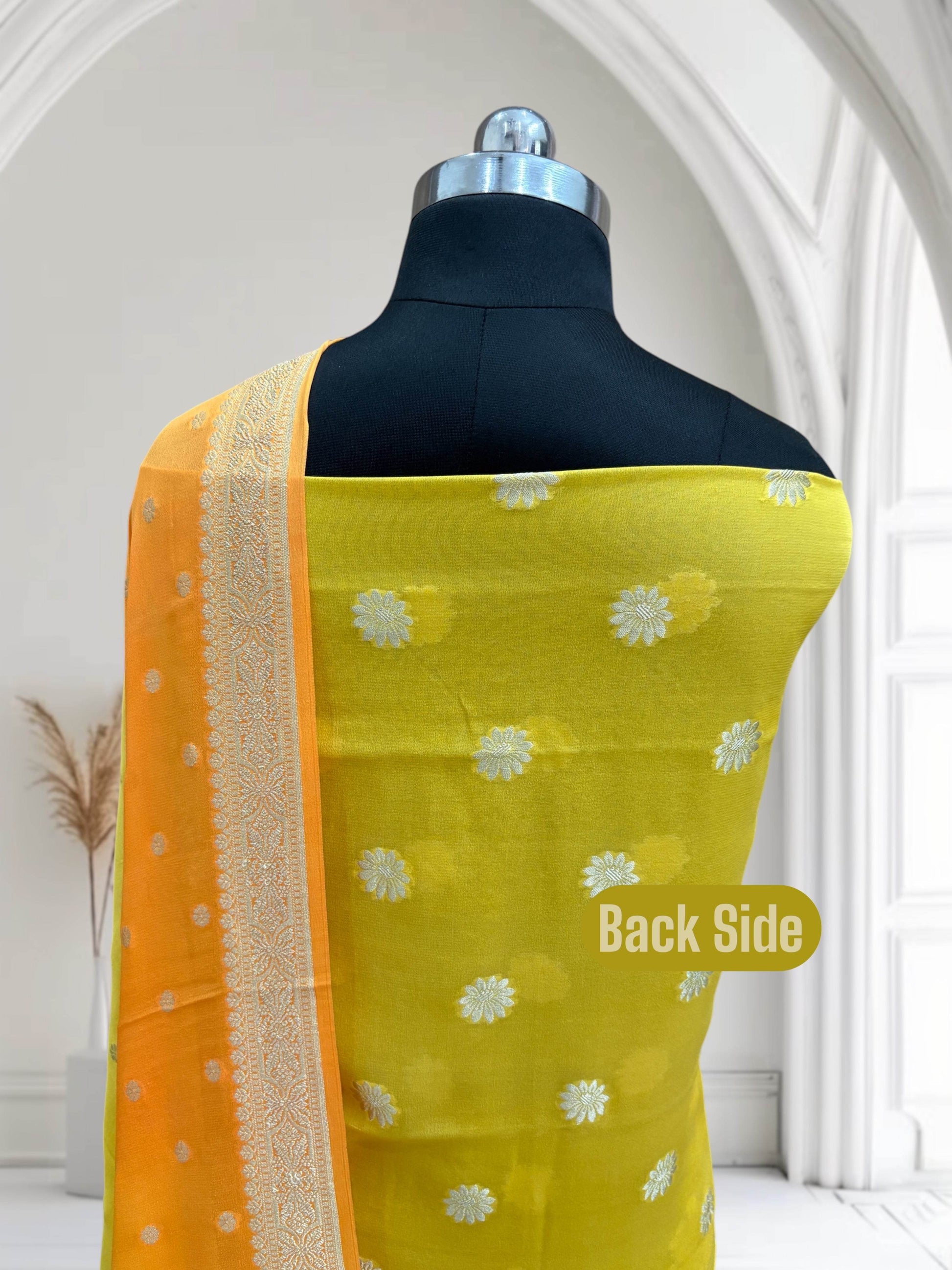 Yellow & Orange-Yellow Pure Chiffon Georgette Banarasi Suit - Zohra Silk