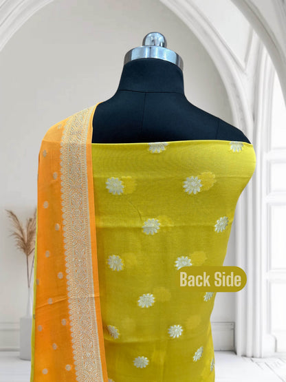 Yellow & Orange-Yellow Pure Chiffon Georgette Banarasi Suit - Zohra Silk