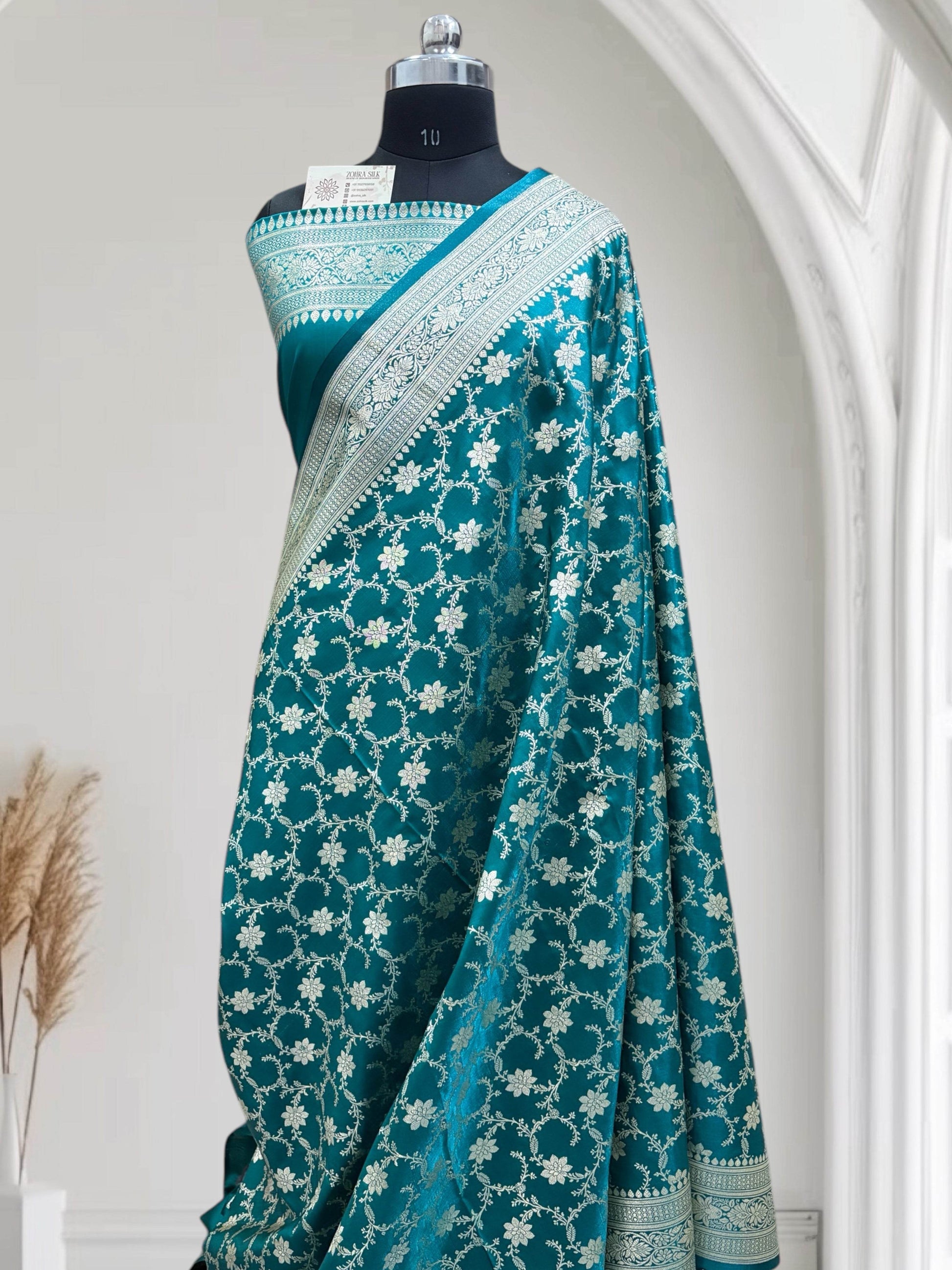 Rama Green Jaal Pattern Satin Silk Saree - Zohra Silk