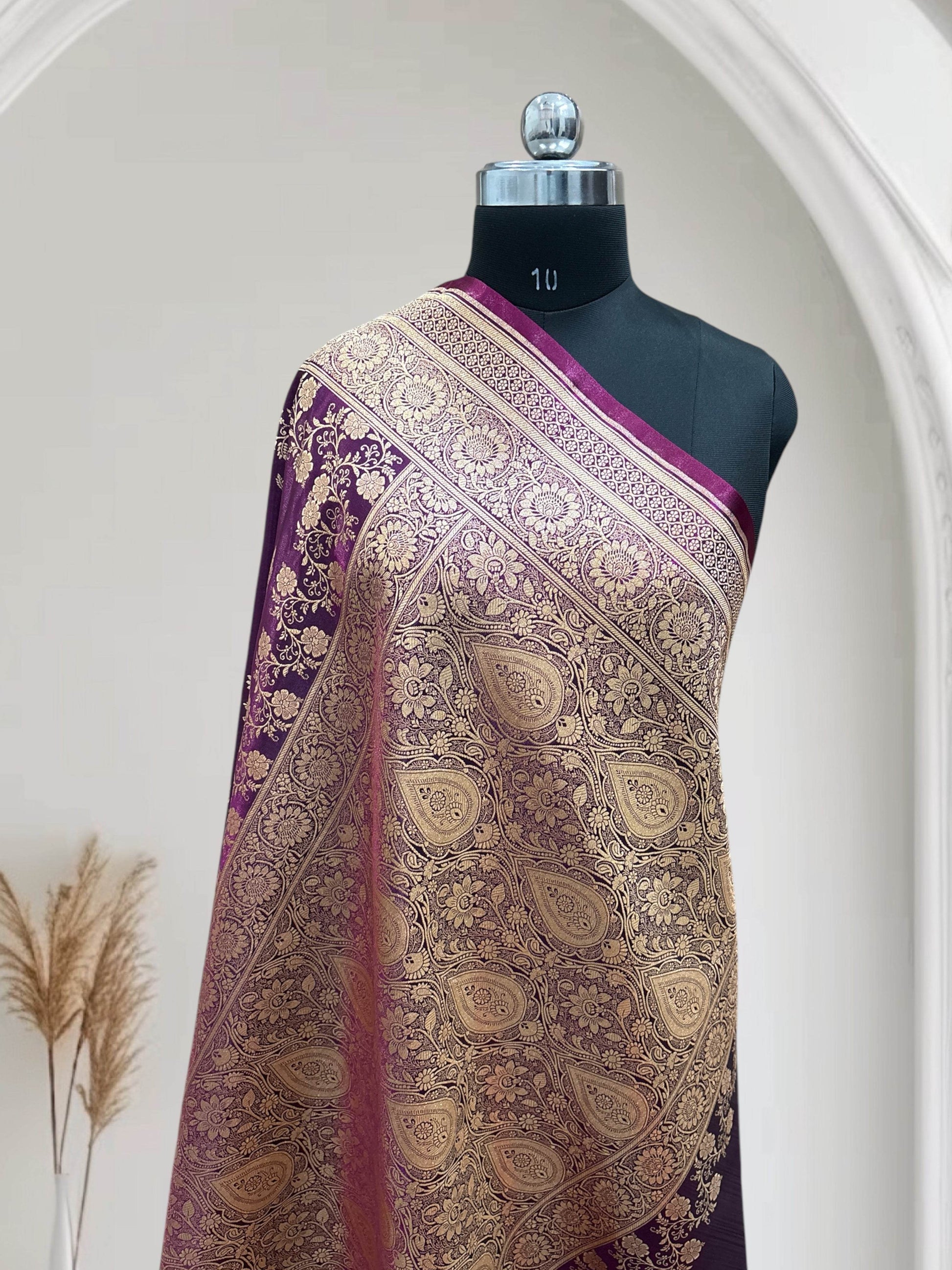Magenta with Golden Zari Work and Rose Buti Design Satin Silk Banarasi Saree - Zohra Silk