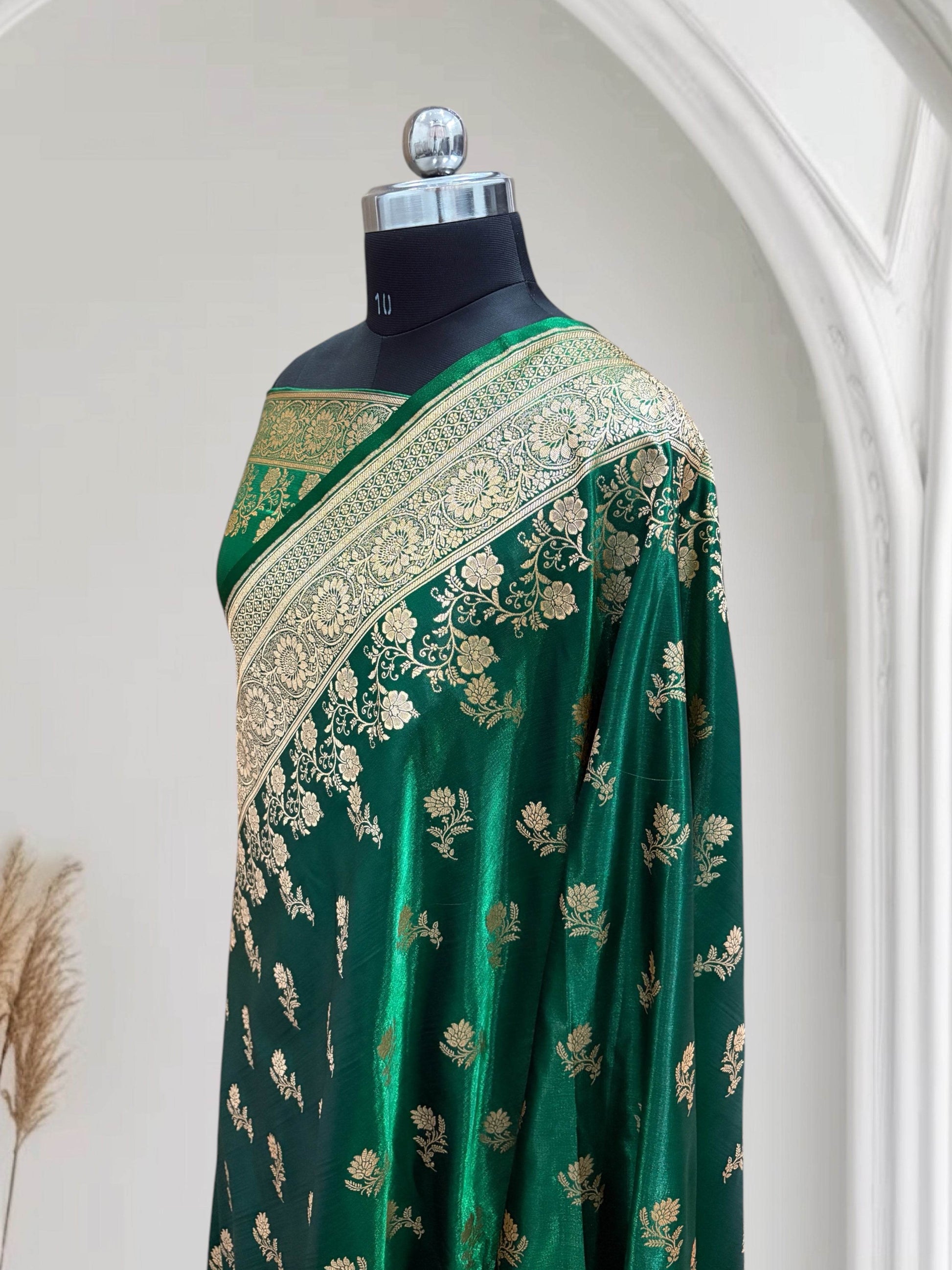 Green with Golden Zari Work and Rose Buti Design Satin Silk Banarasi Saree - Zohra Silk