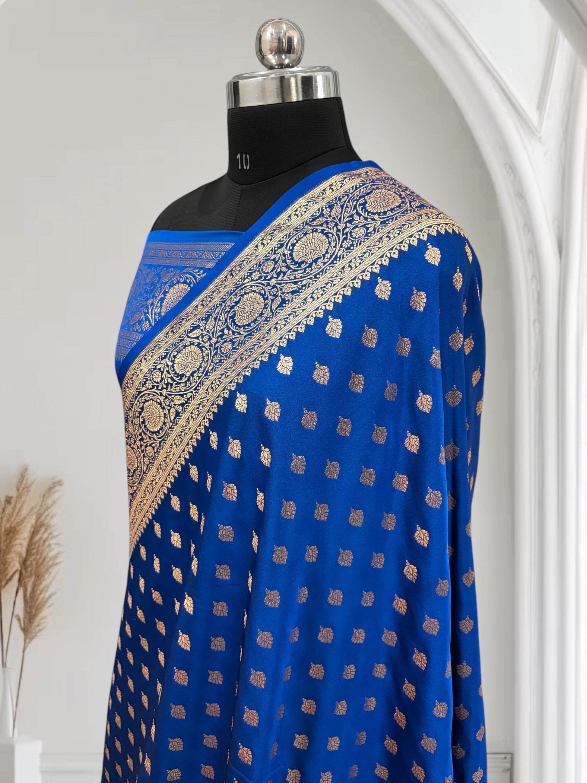 Royal Blue Buti Satin Kataan Silk Saree - Zohra Silk