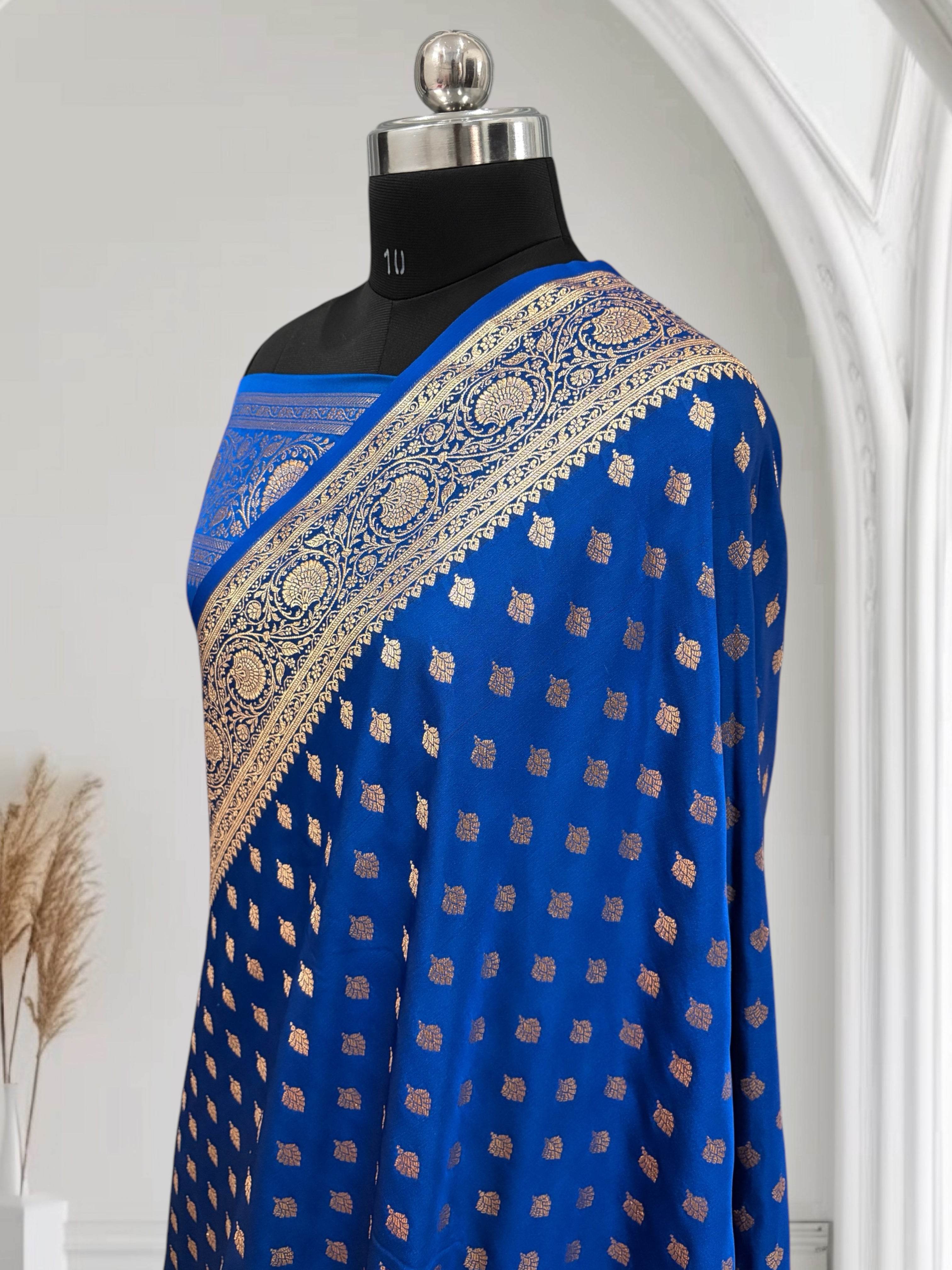 Royal Blue Buti Satin Kataan Silk Saree - Zohra Silk