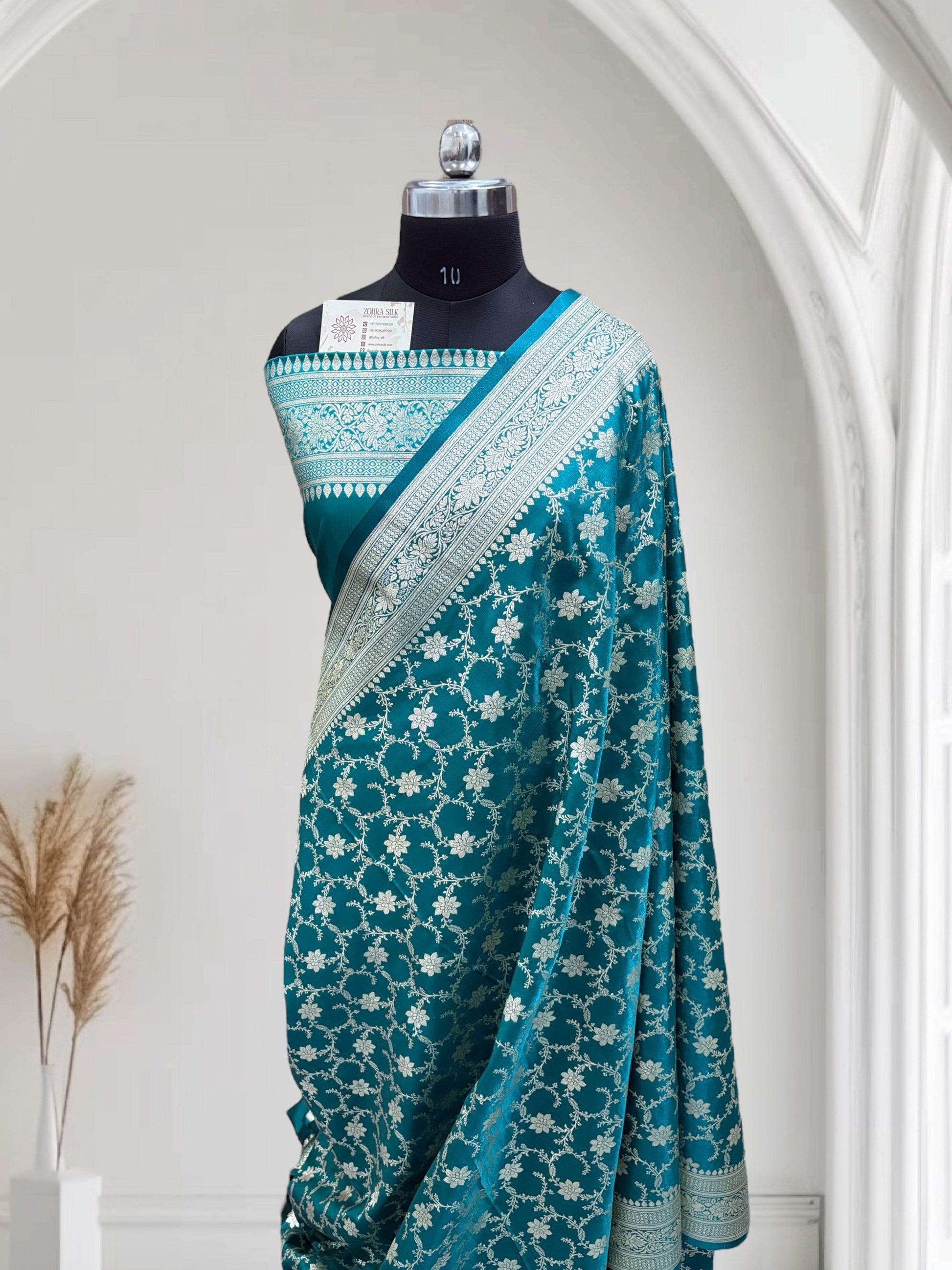 Satin Silk Banarasi Saree in Firoza - Zohra Silk