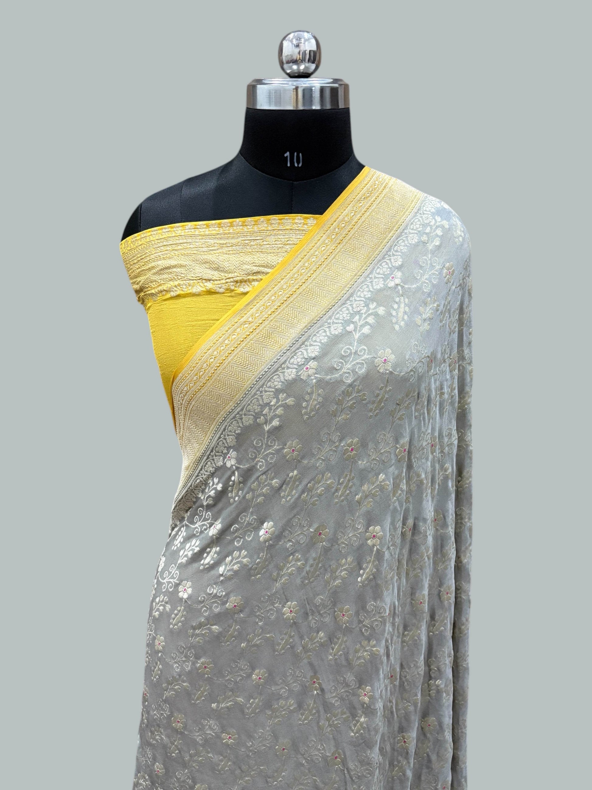 Yellow & Grey Pure Chiffon Georgette Banarasi Saree - Zohra Silk