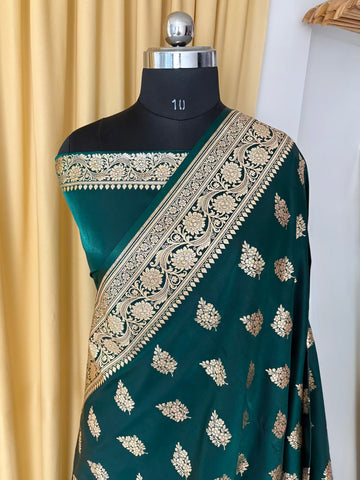 Teal Green Shaded New Motif Satin Silk Banarasi Saree