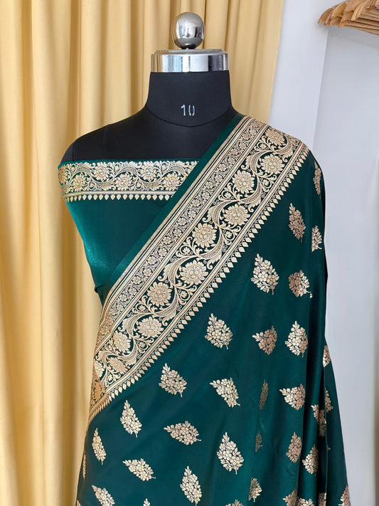 Teal Green Shaded New Motif Satin Silk Banarasi Saree