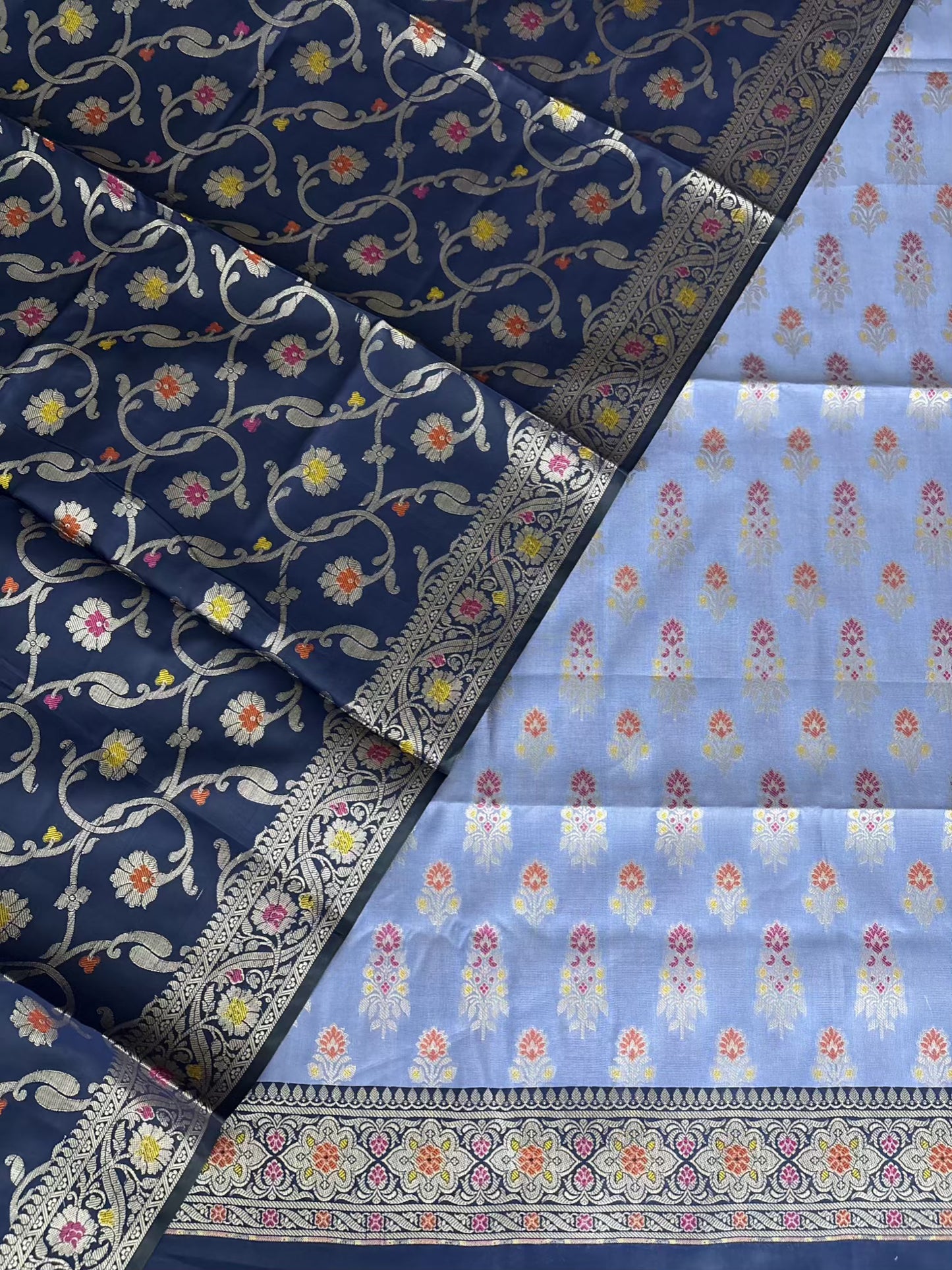 Neavy Blue and Sky Blue Satin Silk Banarasi Suit