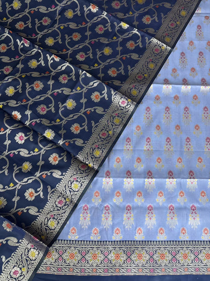 Neavy Blue and Sky Blue Satin Silk Banarasi Suit