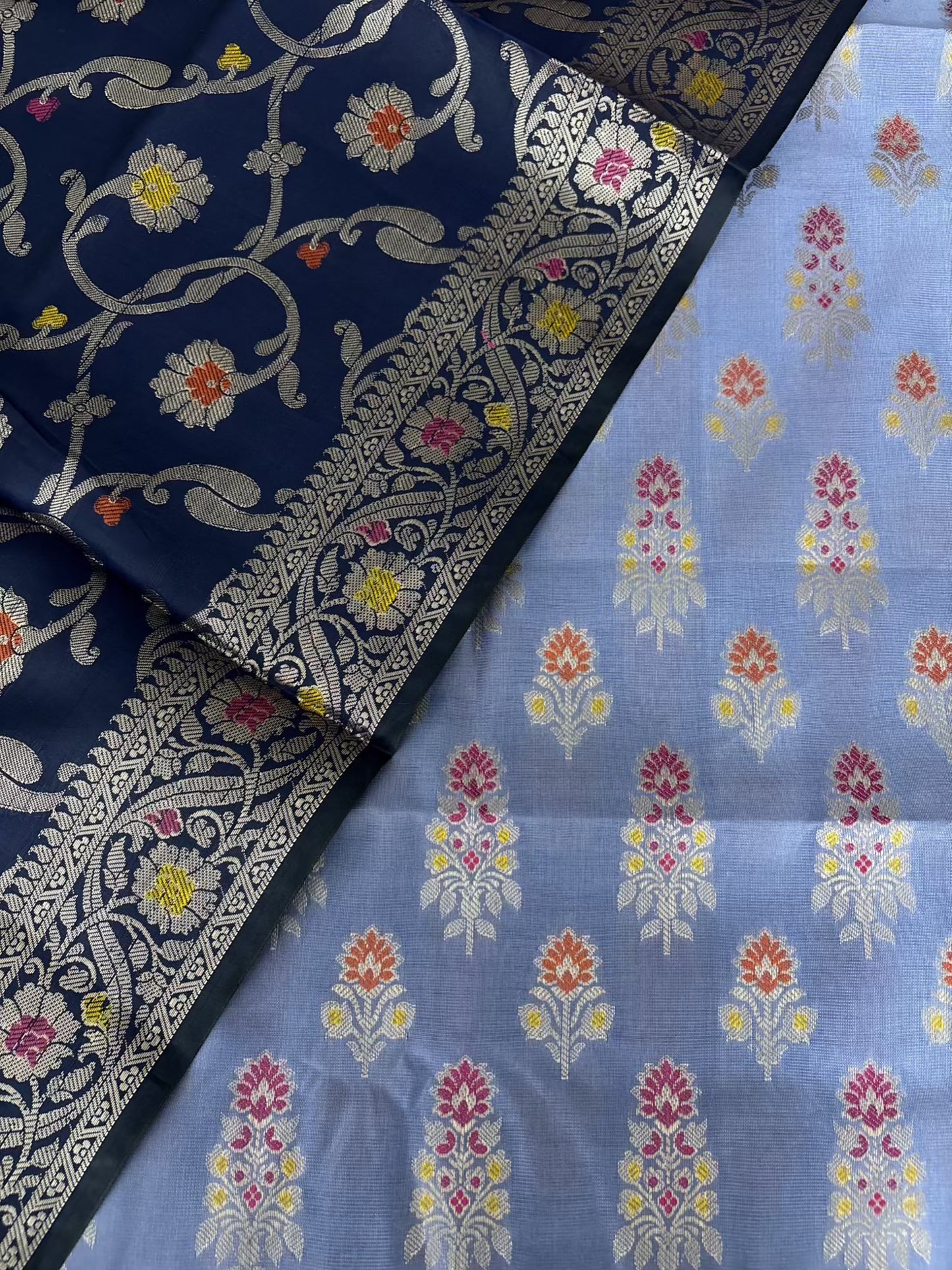 Neavy Blue and Sky Blue Satin Silk Banarasi Suit