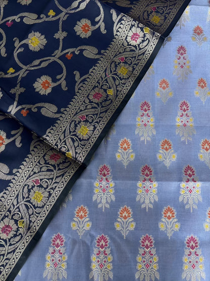 Neavy Blue and Sky Blue Satin Silk Banarasi Suit