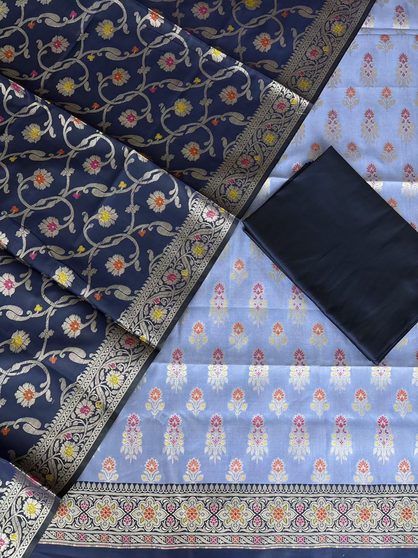 Neavy Blue and Sky Blue Satin Silk Banarasi Suit