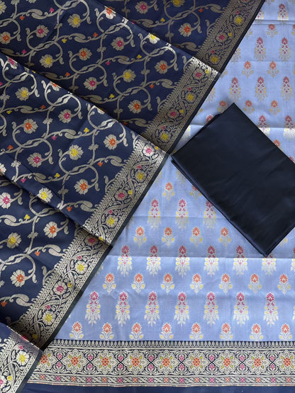Neavy Blue and Sky Blue Satin Silk Banarasi Suit