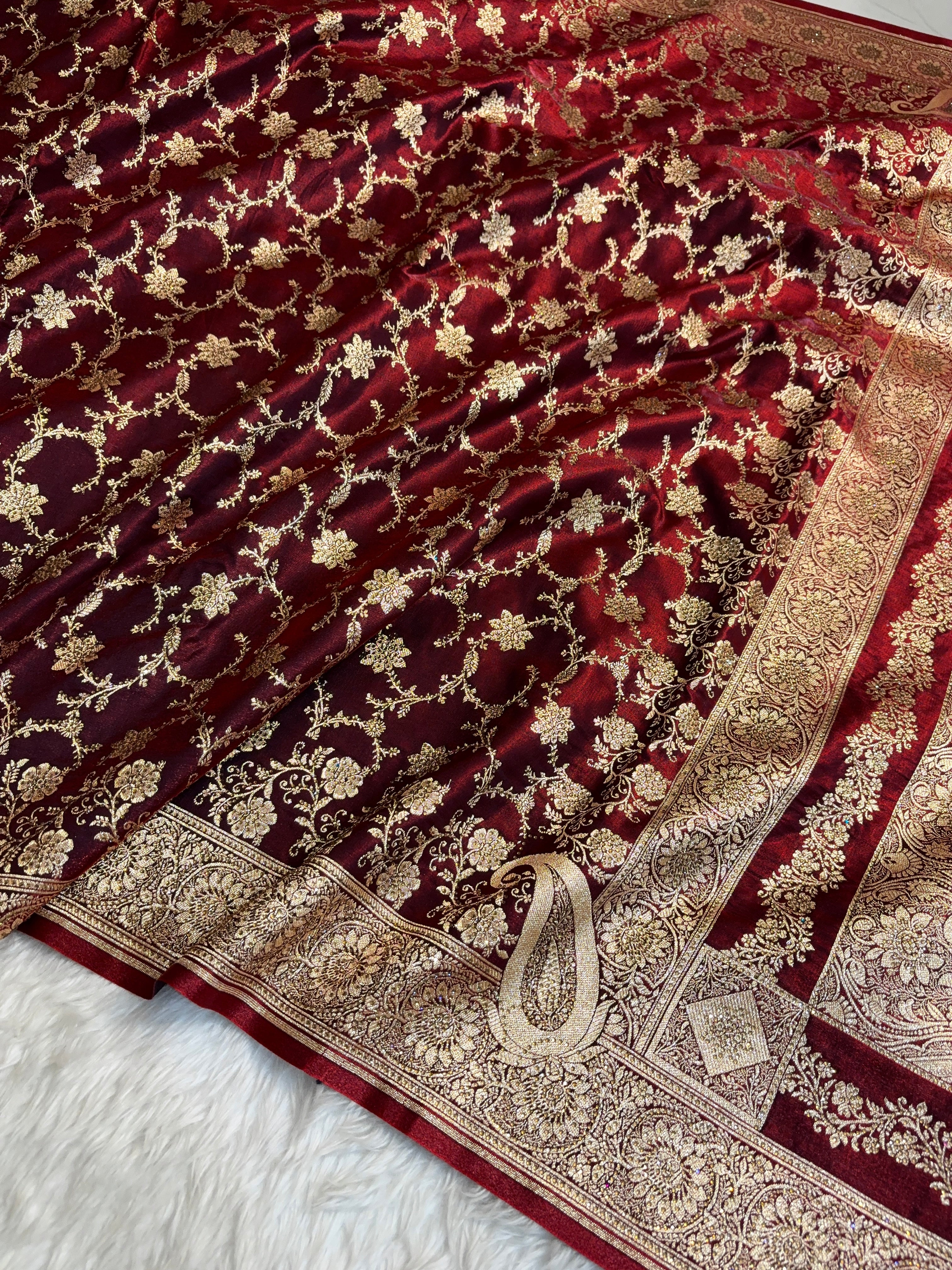 Satin Silk Saree Banarasi Swarovski Work Jaal in Dark Maroon Shades