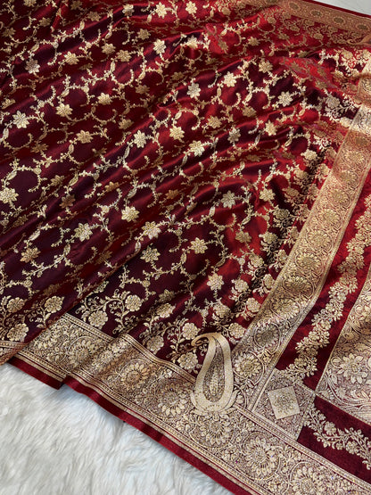 Satin Silk Saree Banarasi Swarovski Work Jaal in Dark Maroon Shades
