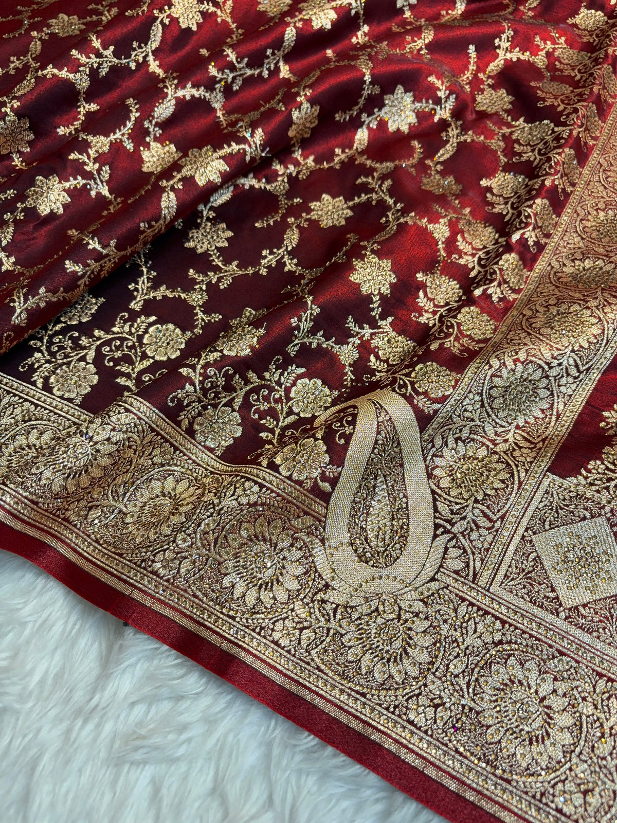 Satin Silk Saree Banarasi Swarovski Work Jaal in Dark Maroon Shades