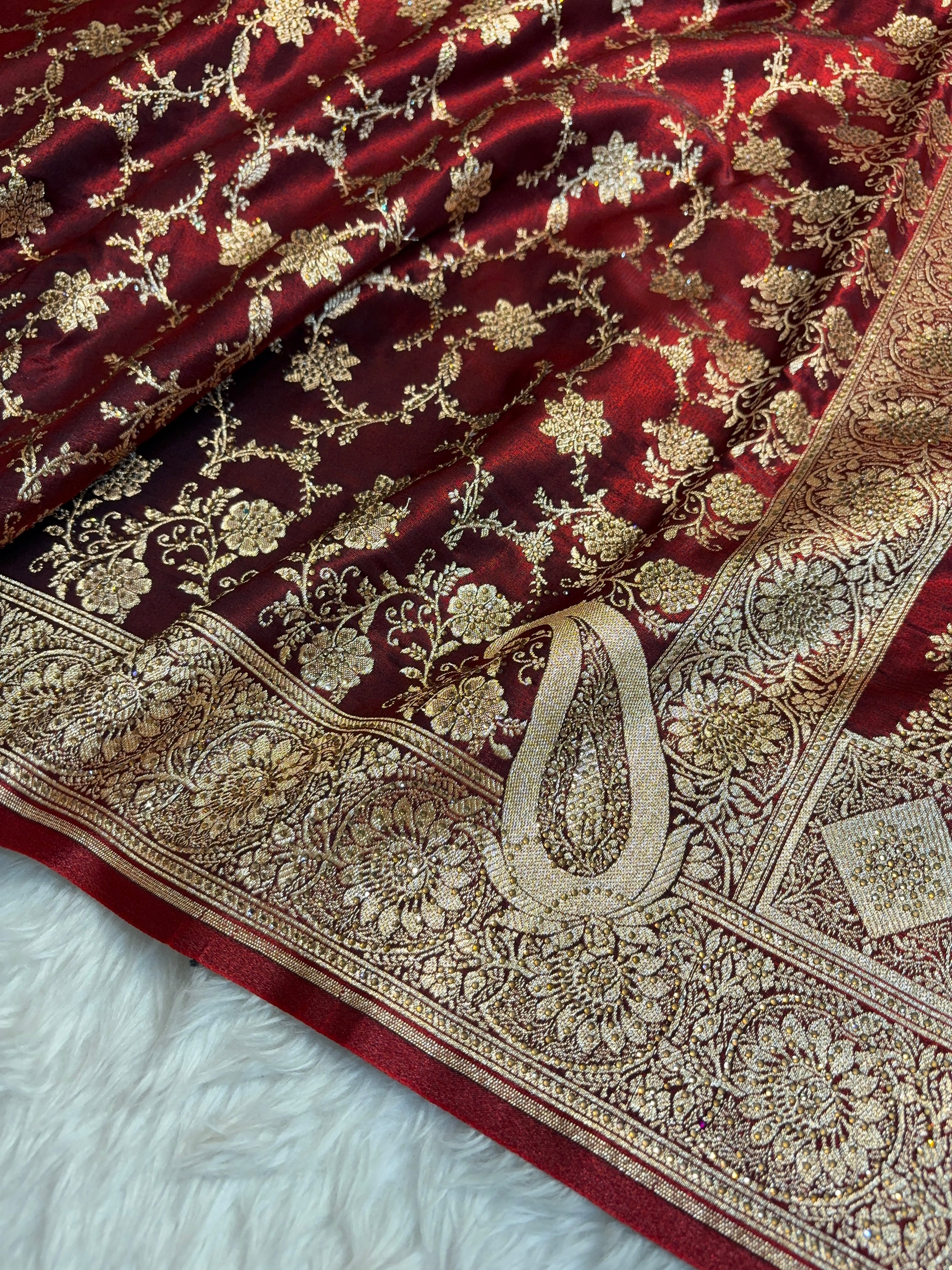 Satin Silk Saree Banarasi Swarovski Work Jaal in Dark Maroon Shades