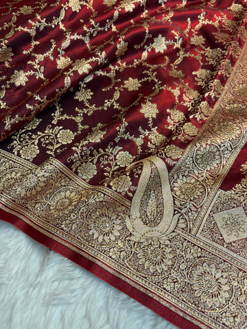 Satin Silk Saree Banarasi Swarovski Work Jaal in Dark Maroon Shades