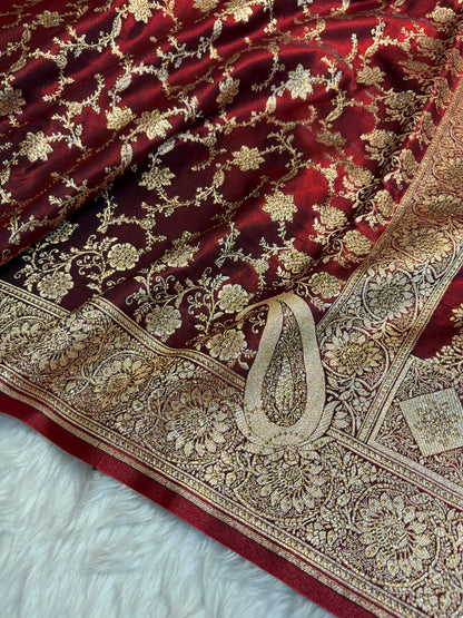 Satin Silk Saree Banarasi Swarovski Work Jaal in Dark Maroon Shades