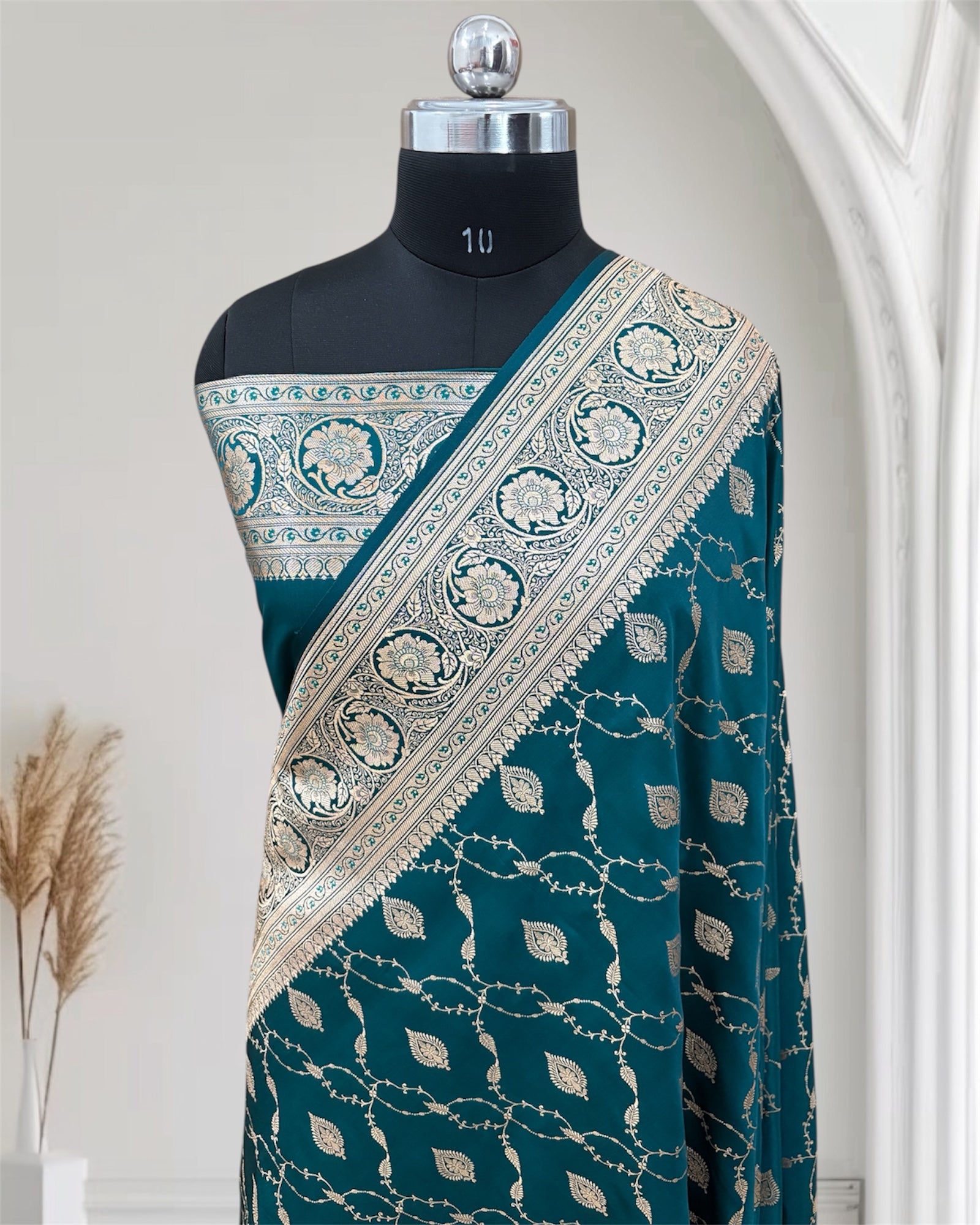 Teal Green Jaal Pattern Banarasi Mashru Silk