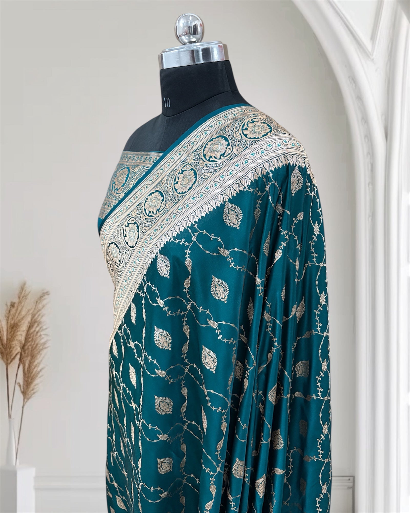 Teal Green Jaal Pattern Banarasi Mashru Silk