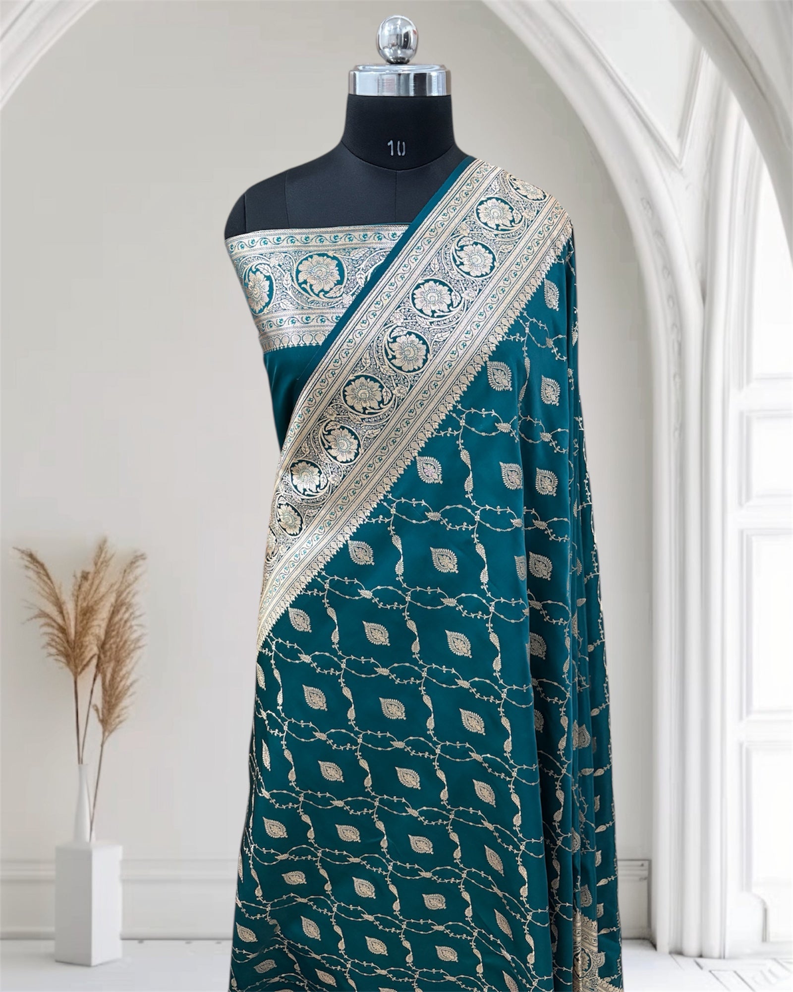 Teal Green Jaal Pattern Banarasi Mashru Silk