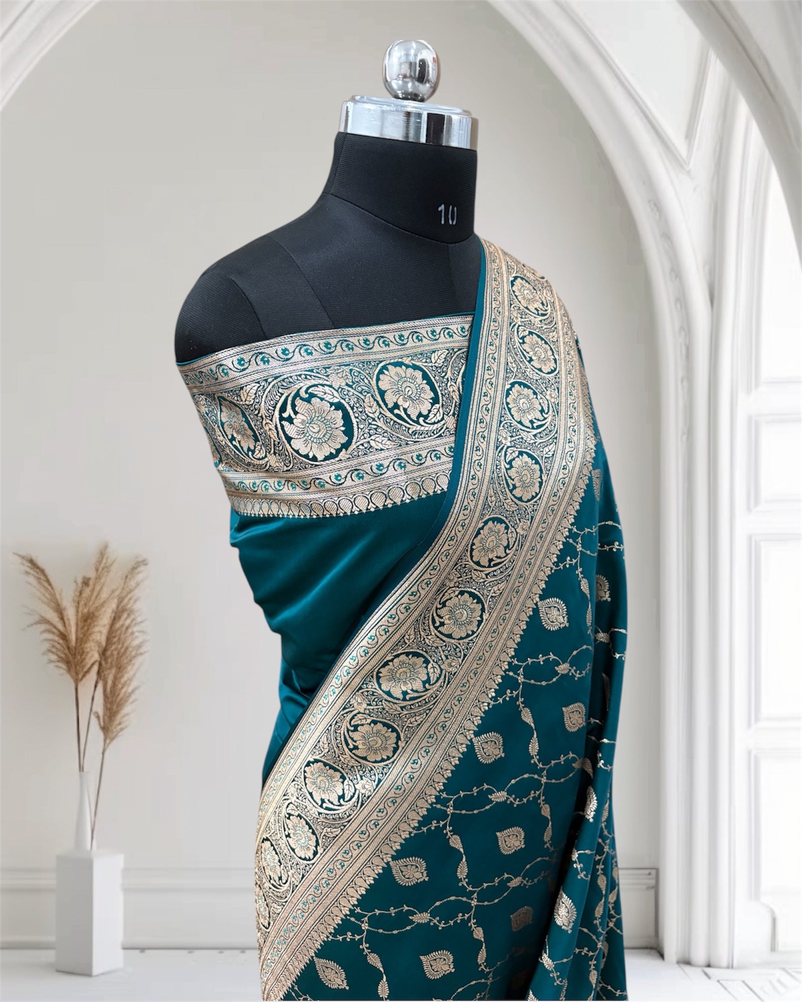 Teal Green Jaal Pattern Banarasi Mashru Silk