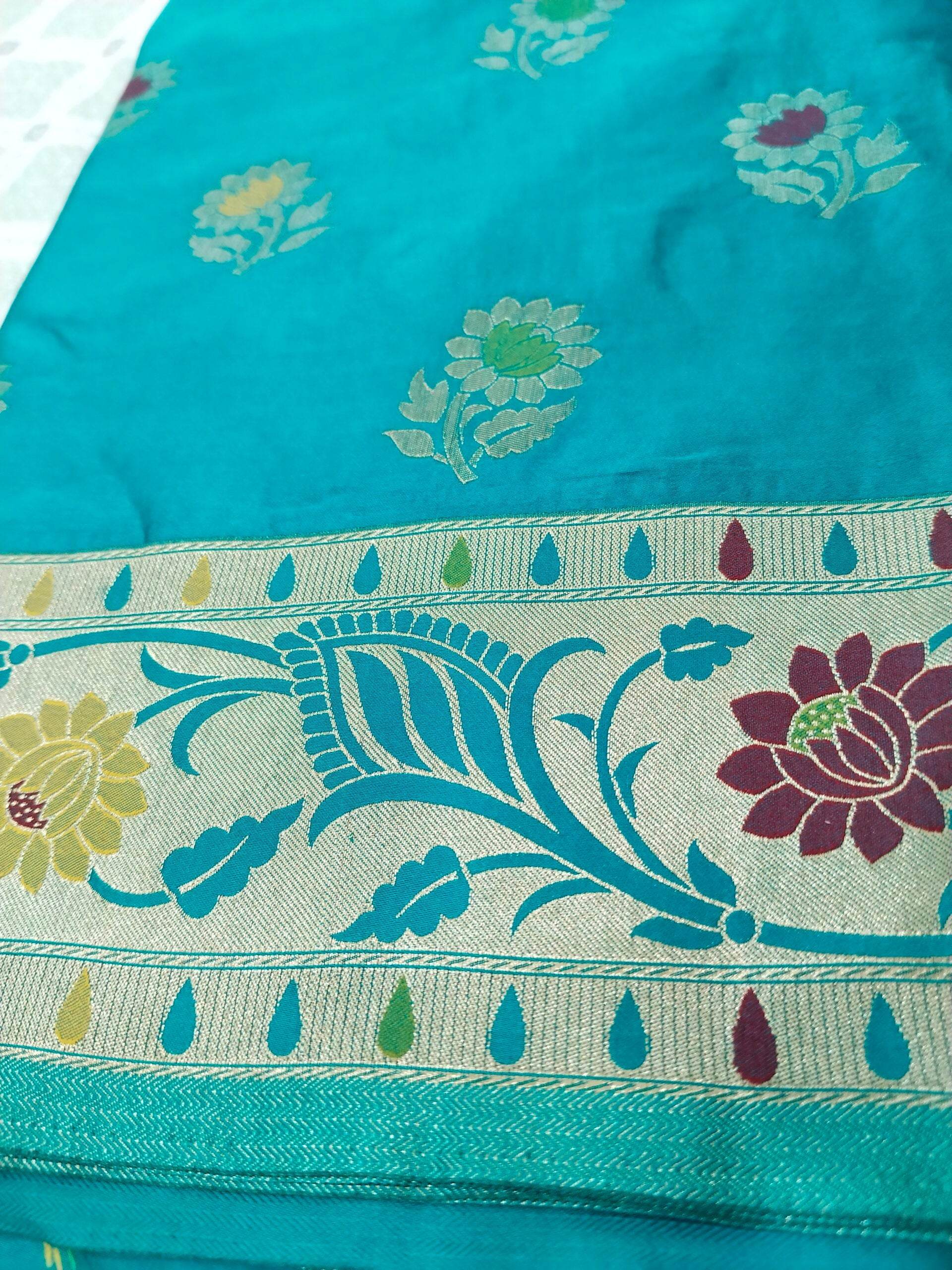 Blue-Green Golden Zari Mashru Silk Banarasi Saree - Zohra Silk