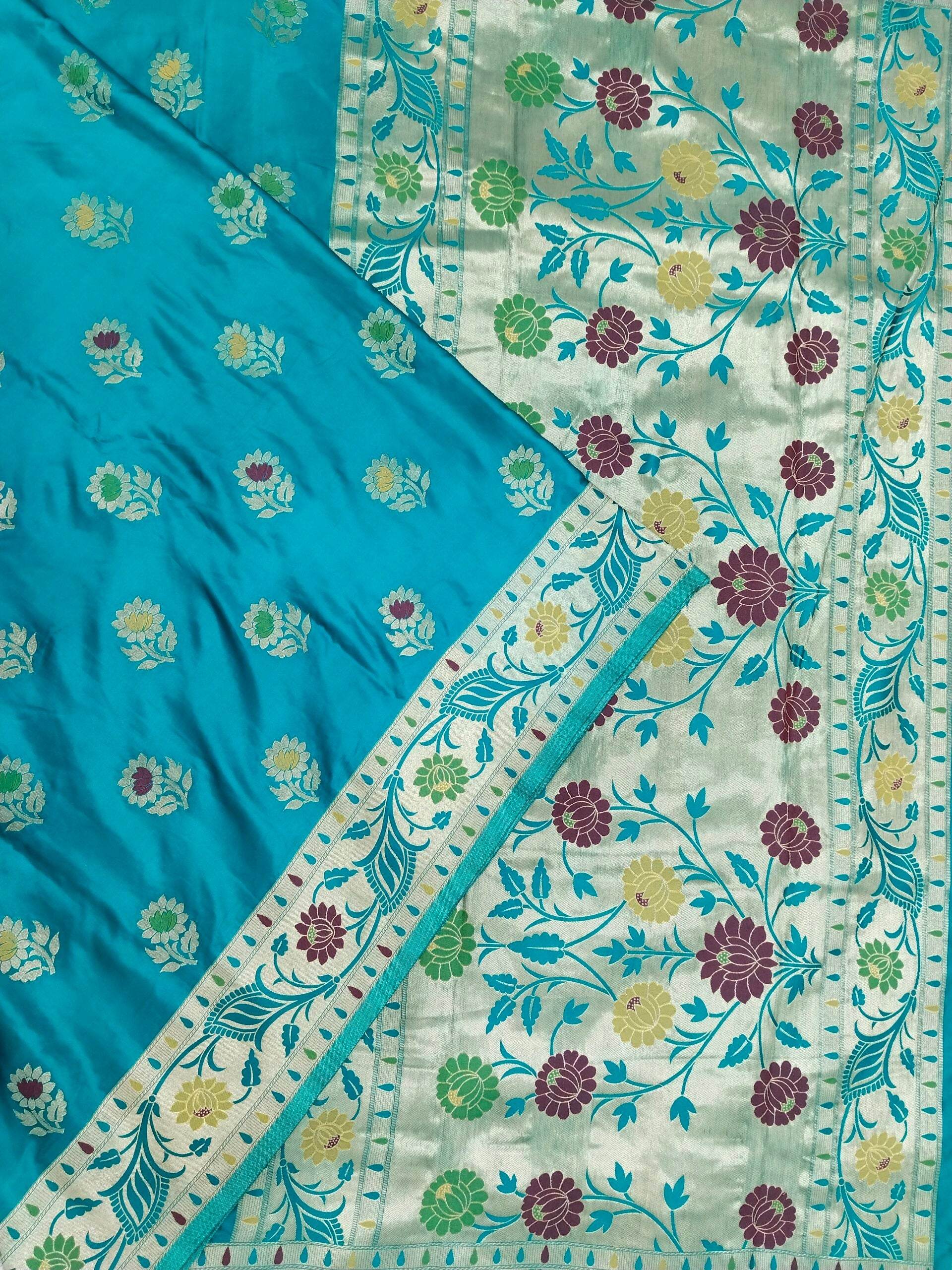 Blue-Green Golden Zari Mashru Silk Banarasi Saree - Zohra Silk