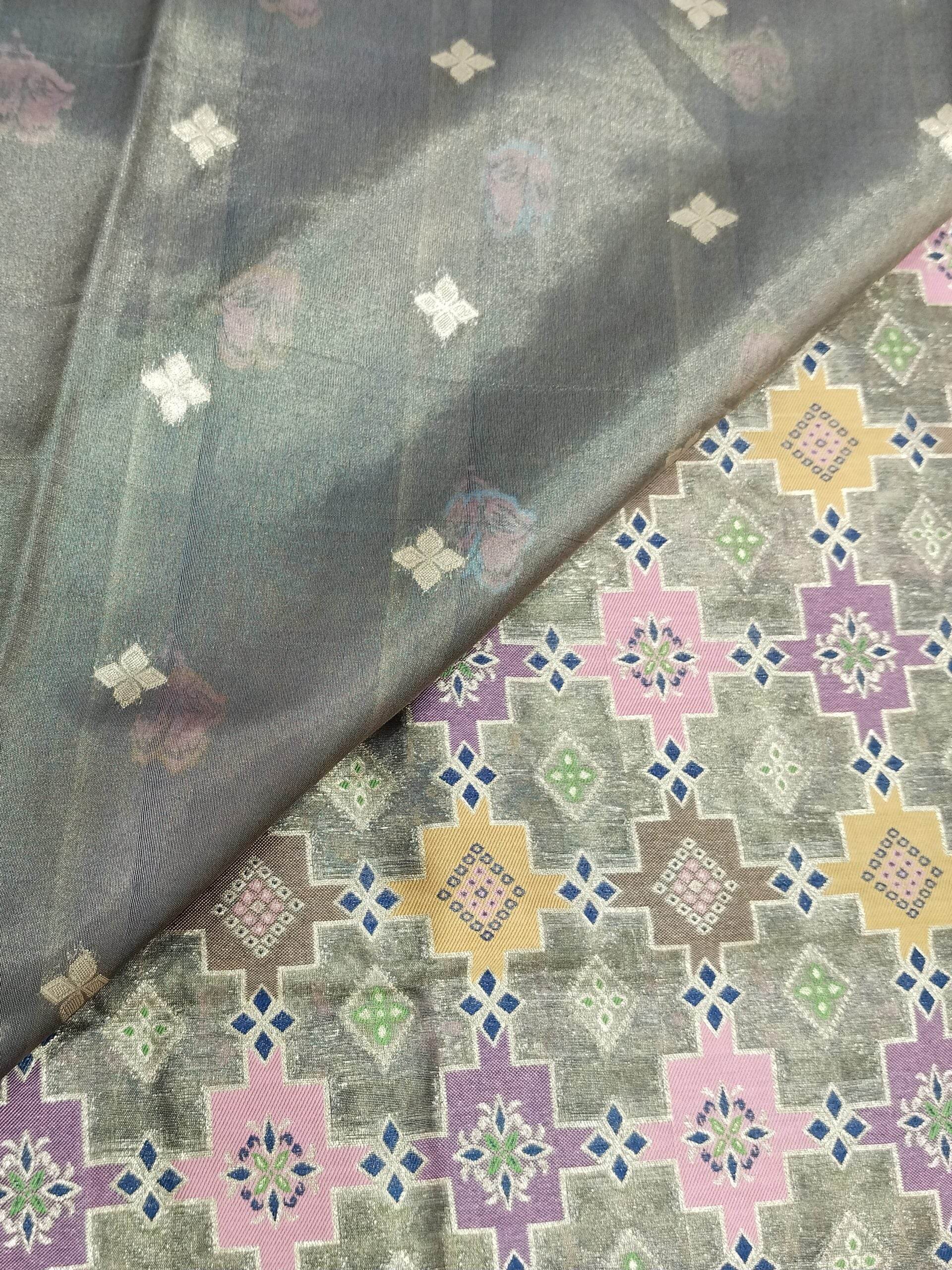 Blue Light Golden Zari Work Tissue Saree With Colourful Meena - Zohra Silk