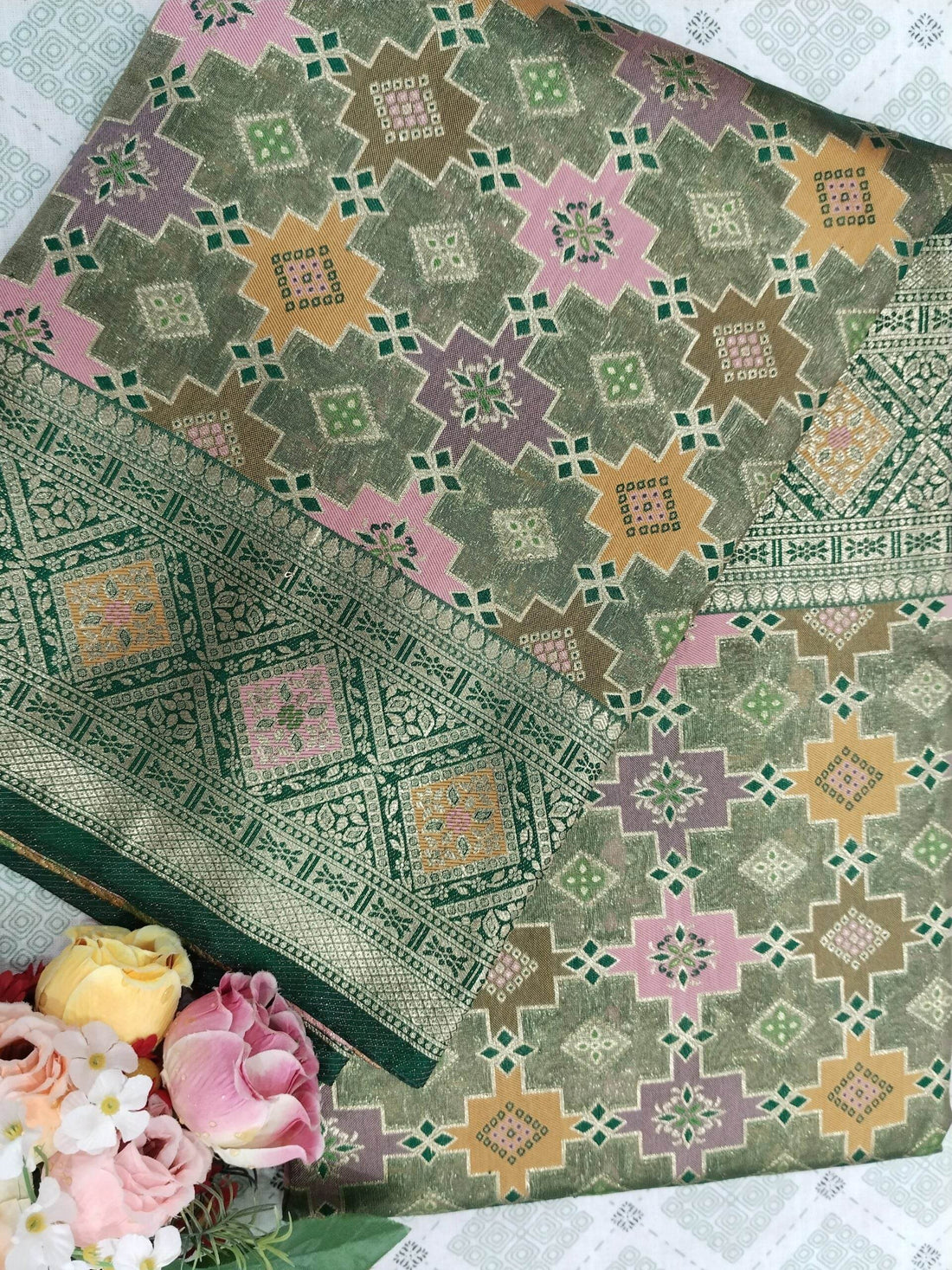 Dark Green Light Golden Zari Tissue Saree With Colourful Meena - Zohra Silk