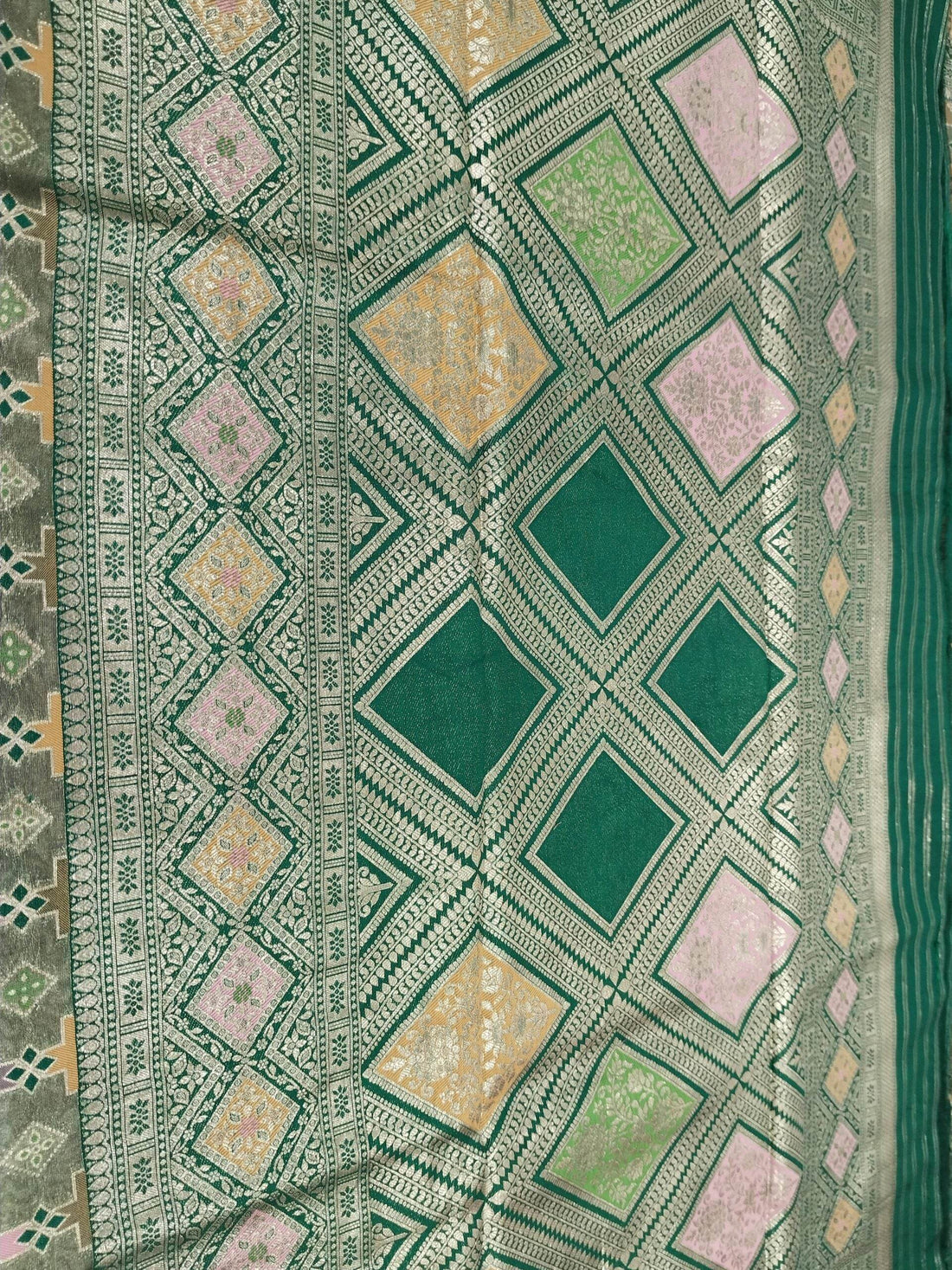 Dark Green Light Golden Zari Tissue Saree With Colourful Meena - Zohra Silk