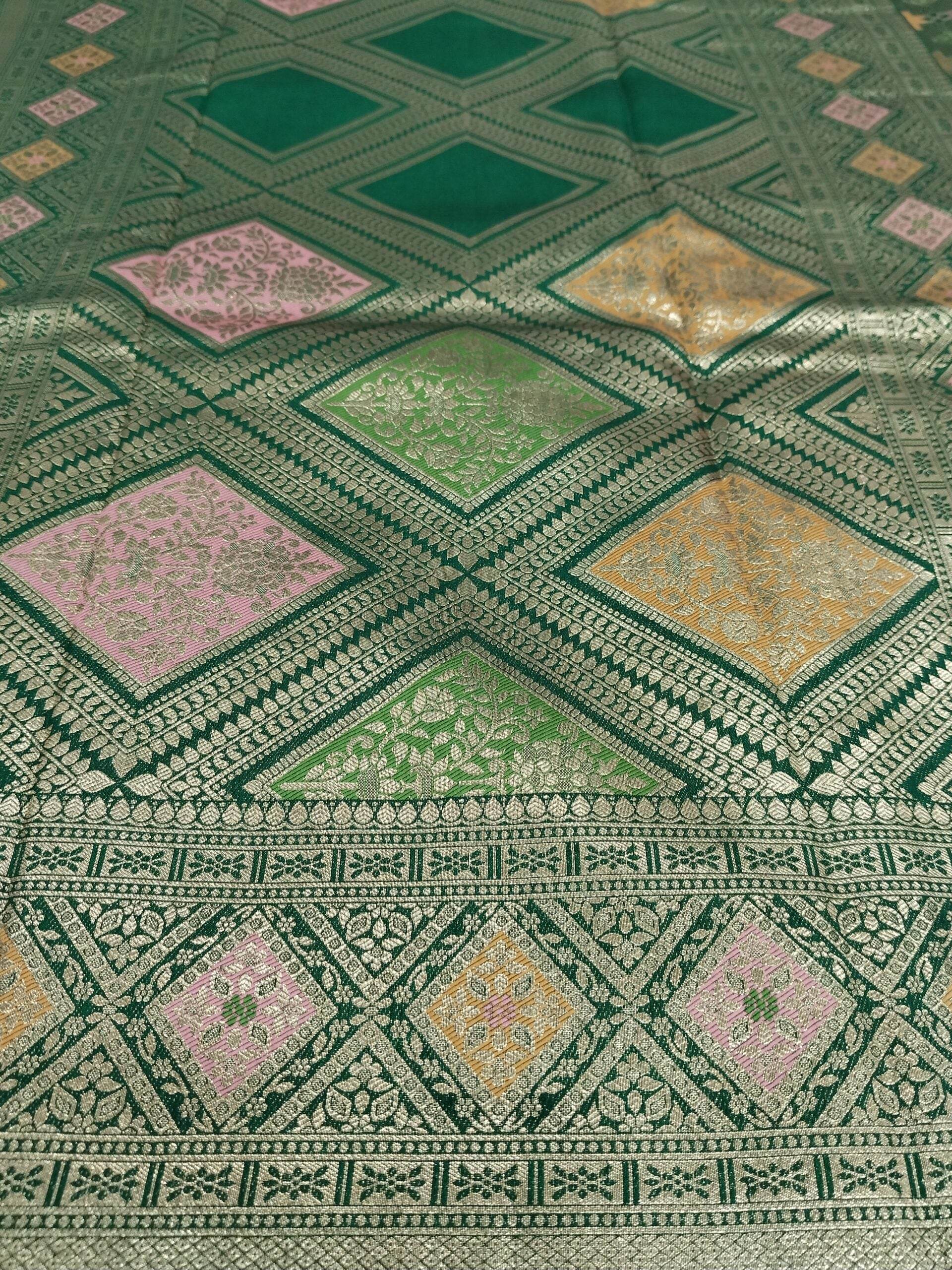 Dark Green Light Golden Zari Tissue Saree With Colourful Meena - Zohra Silk