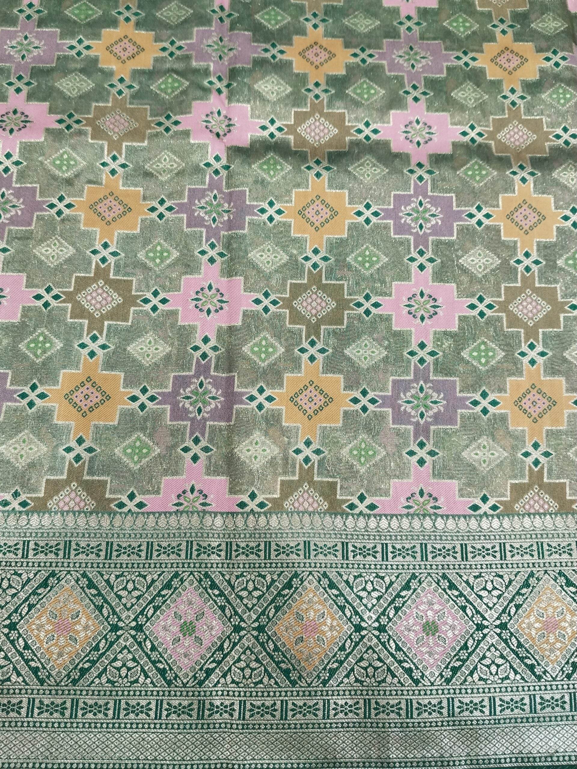Dark Green Light Golden Zari Tissue Saree With Colourful Meena - Zohra Silk