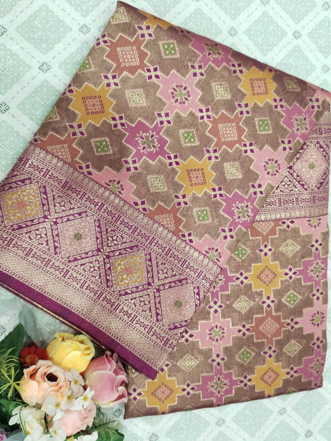 Magenta Light Golden Zari Work Tissue Saree With Colourful Meena - Zohra Silk